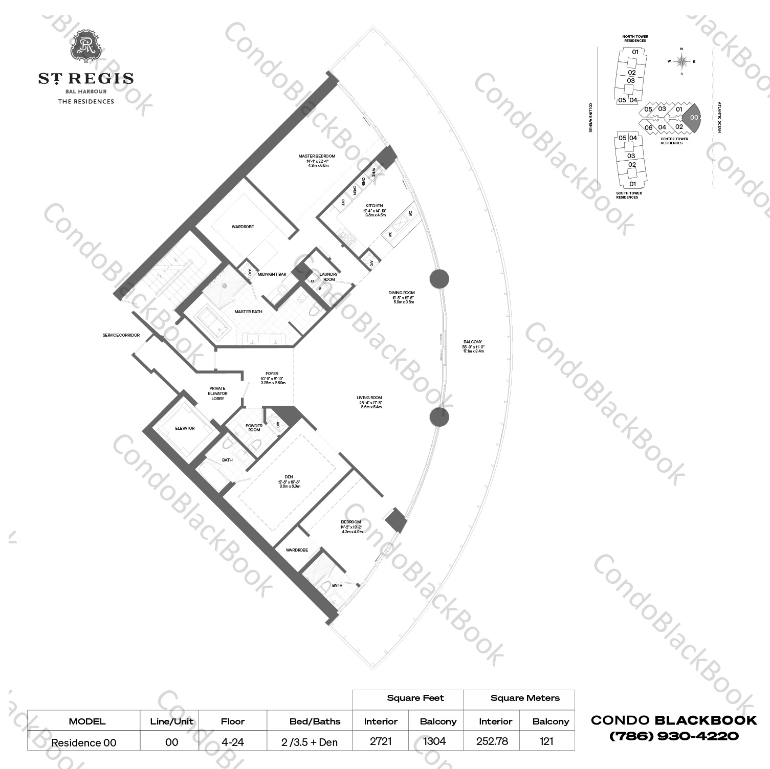 Floor plan for St. Regis Bal Harbour Center Bal Harbour, model Residence 00, line 00, 2 /3.5 + Den bedrooms, 2721 sq ft