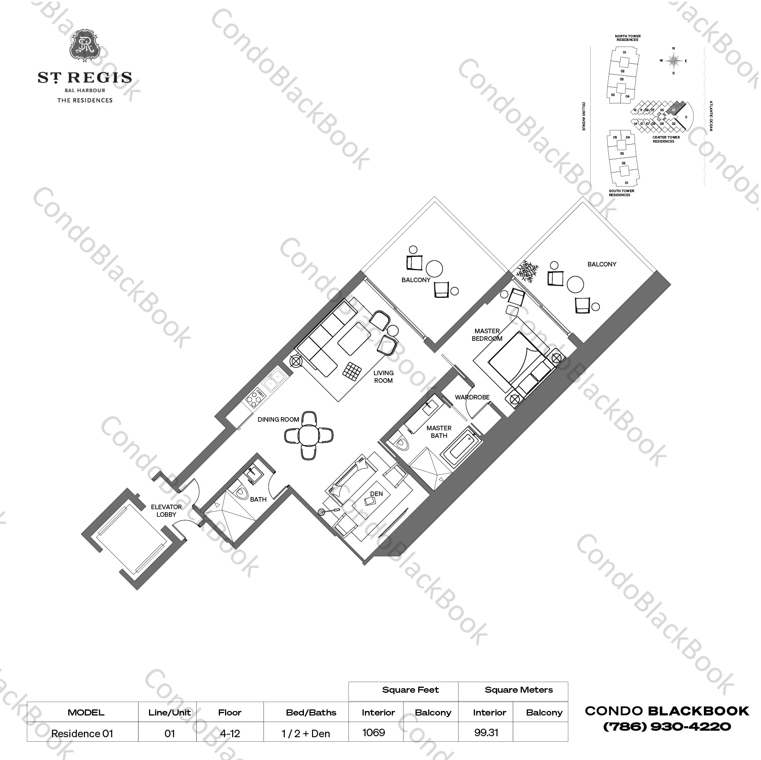 Floor plan for St. Regis Bal Harbour Center Bal Harbour, model Residence 01, line 01, 1 / 2 + Den bedrooms, 1069 sq ft