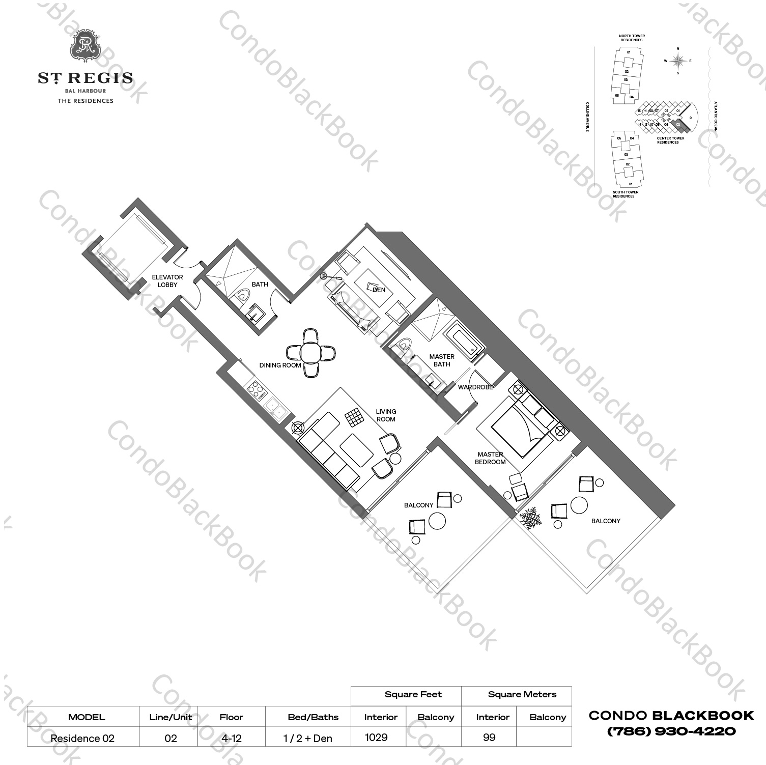 Floor plan for St. Regis Bal Harbour Center Bal Harbour, model Residence 02, line 02, 1 / 2 + Den bedrooms, 1029 sq ft