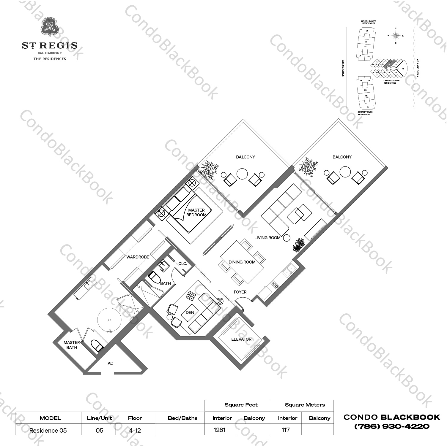 Floor plan for St. Regis Bal Harbour Center Bal Harbour, model Residence 05, line 05, 1 / 2 + Den bedrooms, 1261 sq ft