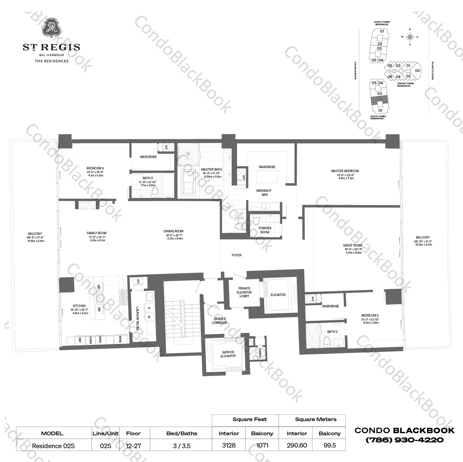 Floor plan for St. Regis Bal Harbour South Bal Harbour, model Residence 02S, line 02S,02, 3 / 3.5 bedrooms, 3128 sq ft