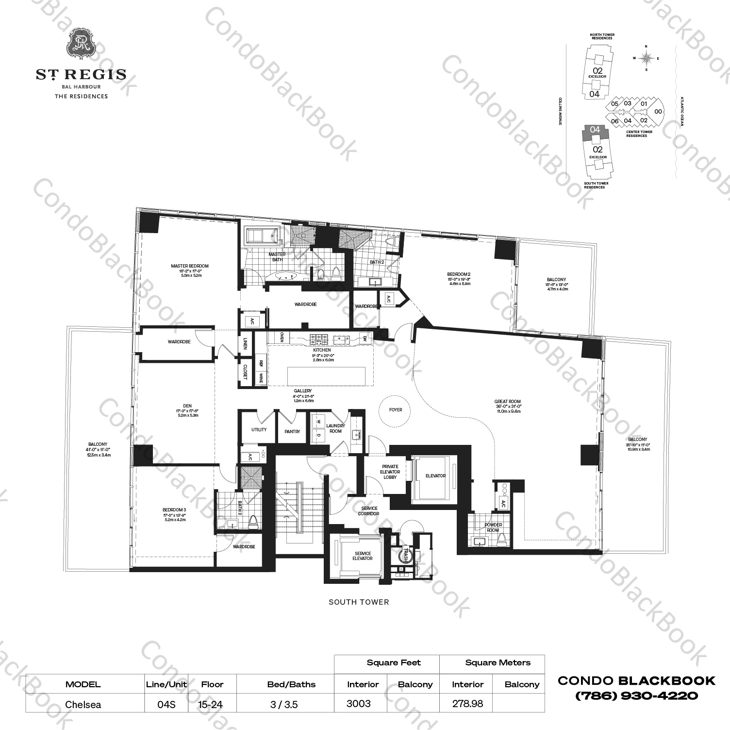 Floor plan for St. Regis Bal Harbour South Bal Harbour, model Chelsea, line 04S,04, 3 / 3.5 bedrooms, 3003 sq ft