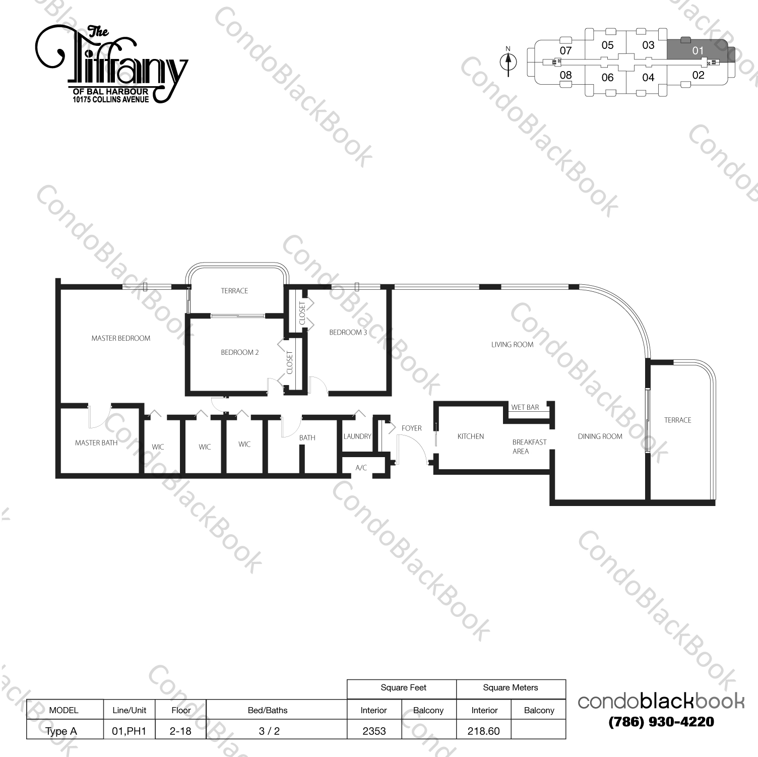 Floor plan for The Tiffany Bal Harbour, model Type A, line 01, PH1, 3 / 2 bedrooms, 2353 sq ft