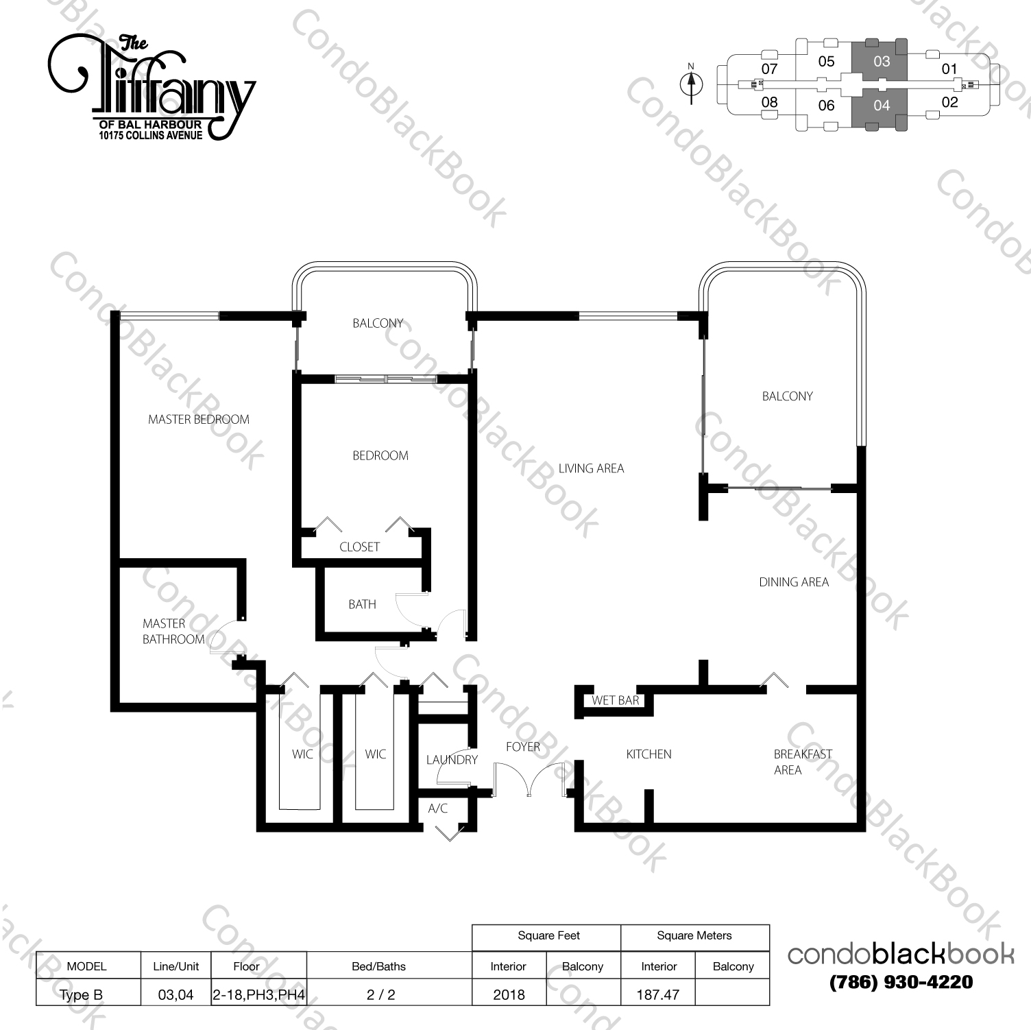 Floor plan for The Tiffany Bal Harbour, model Type B, line 03,04. PH3,PH4, 2 / 2 bedrooms, 2018 sq ft