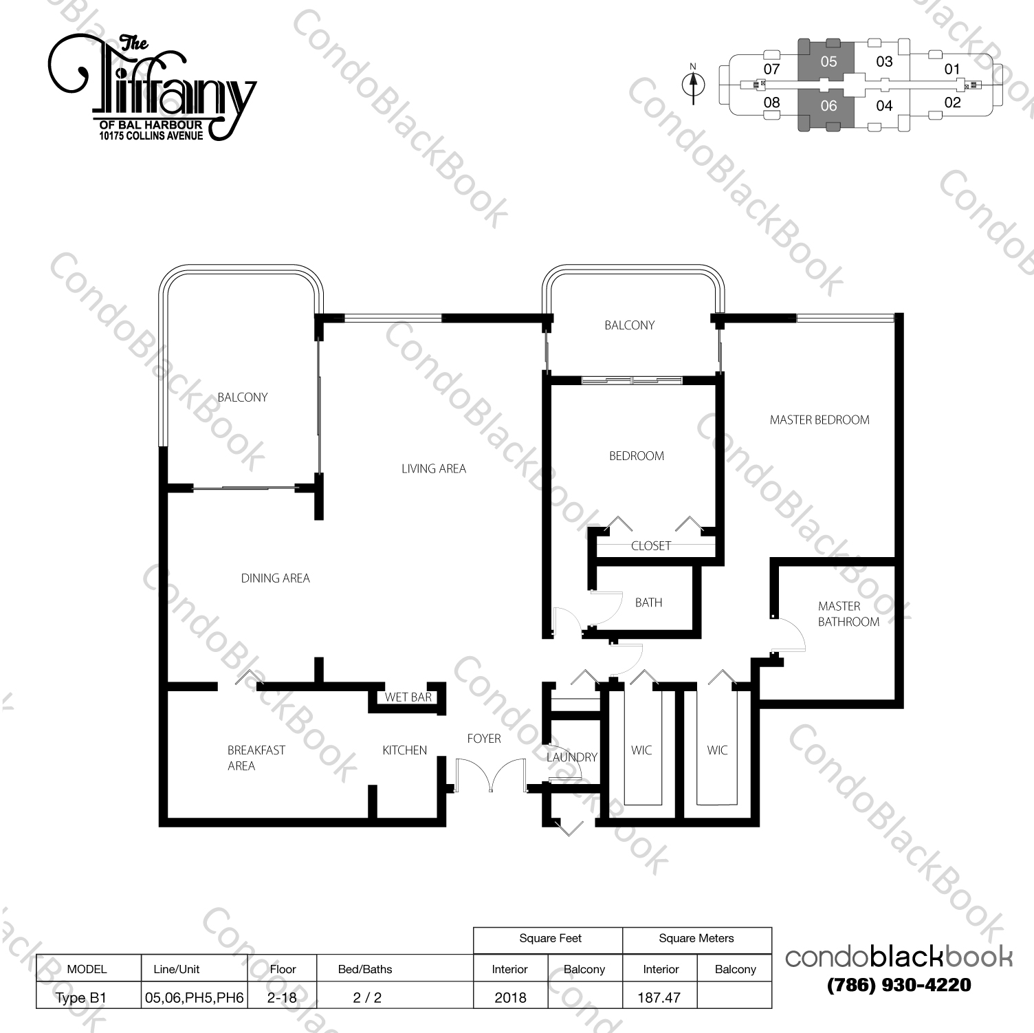 Floor plan for The Tiffany Bal Harbour, model Type B1, line 05,06,PH5,PH6, 2 / 2 bedrooms, 2018 sq ft
