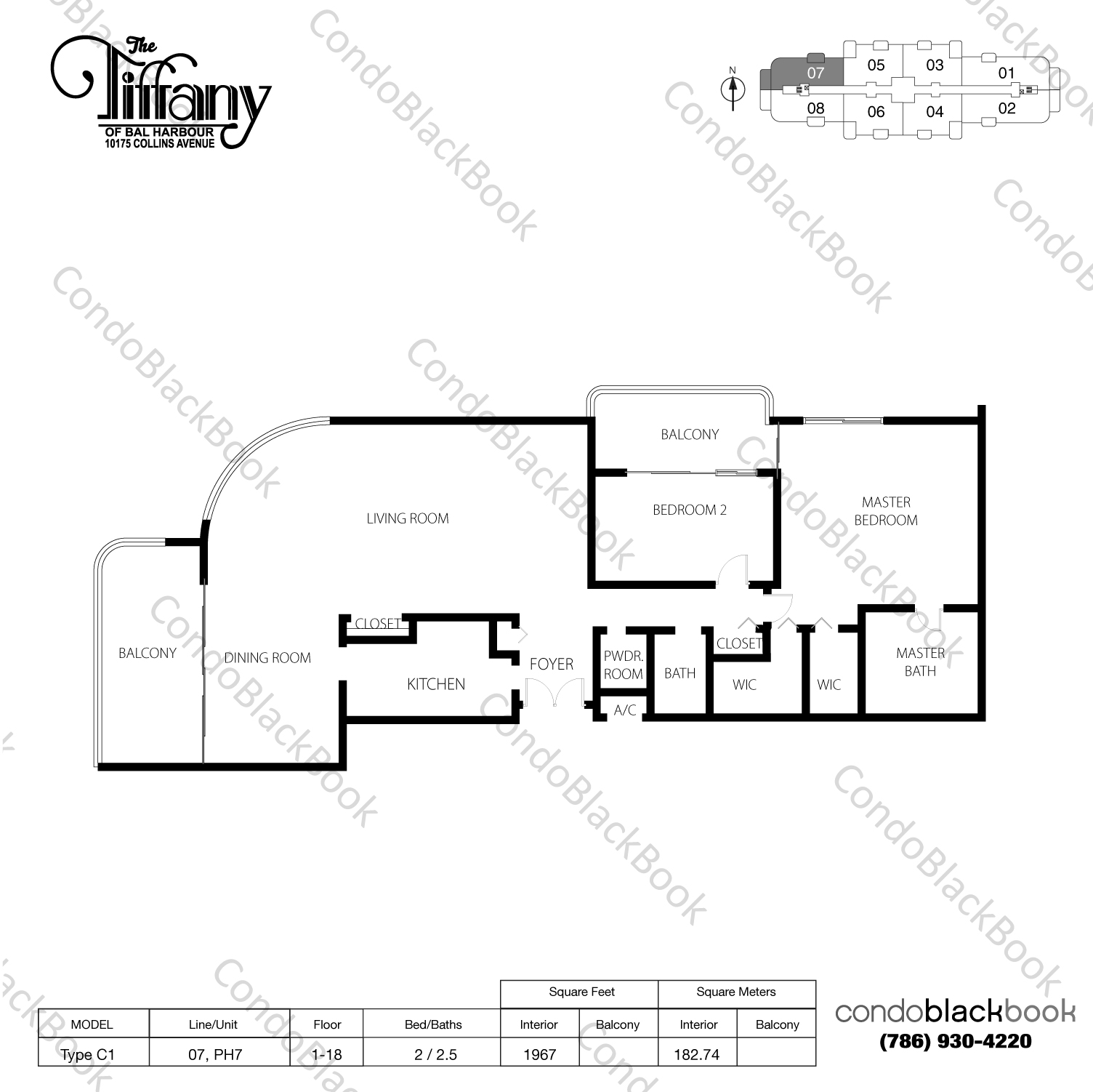 Floor plan for The Tiffany Bal Harbour, model Type C1, line 07,PH7, 2 / 2.5 bedrooms, 1967 sq ft