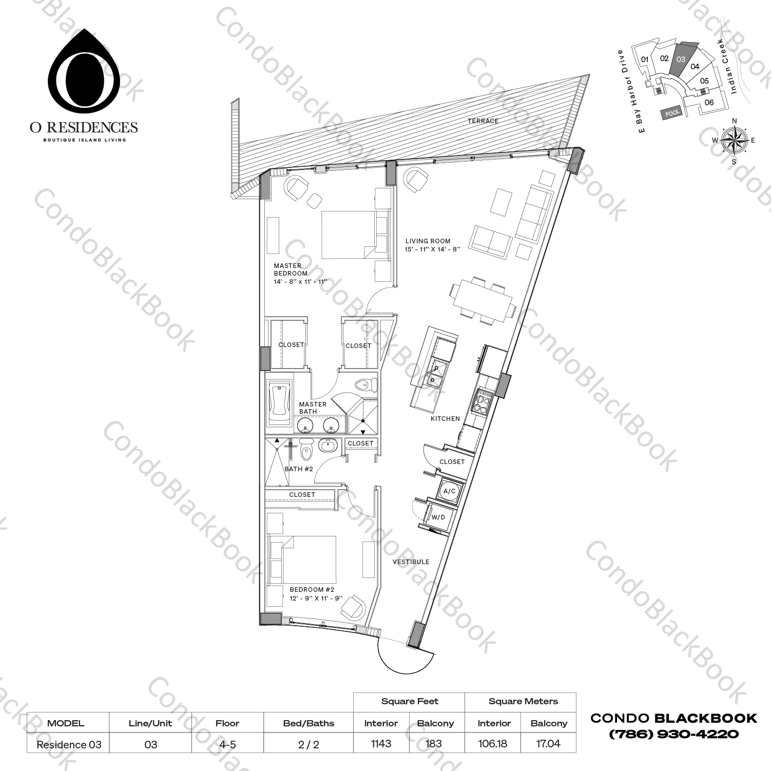 Floor plan for O'Residences Bay Harbor Islands, model Residence 03, line 03, 2 / 2 bedrooms, 1143 sq ft