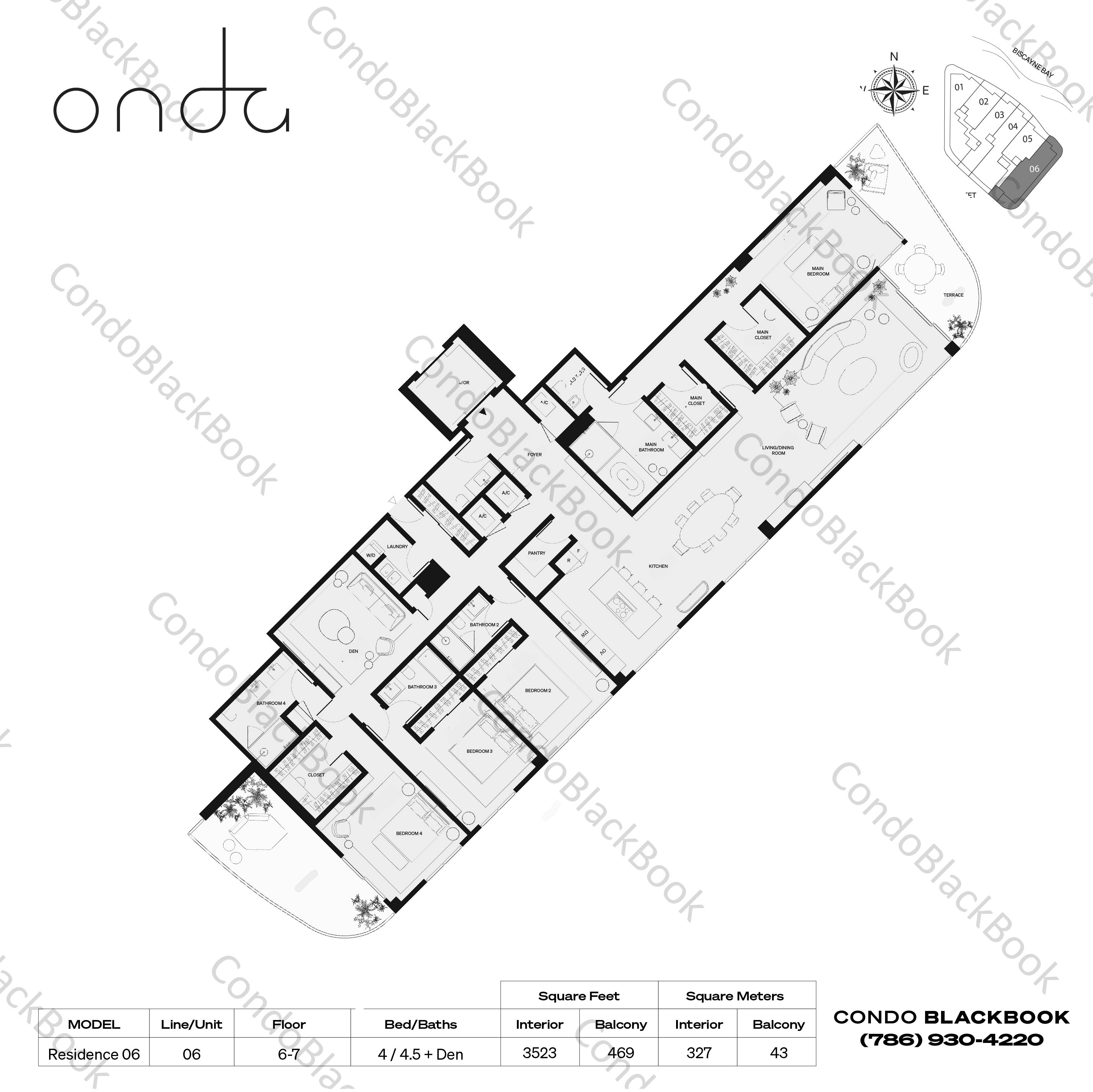 Floor plan for Onda Residences Bay Harbor Islands, model Residence 06, line 06, 4 / 4.5 + Den bedrooms, 3523 sq ft