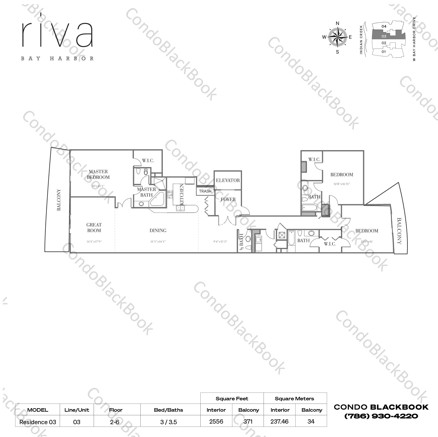 Floor plan for Riva Bay Harbor Bay Harbor Islands, model Residence 03, line 03, 3 / 3.5 bedrooms, 2556 sq ft