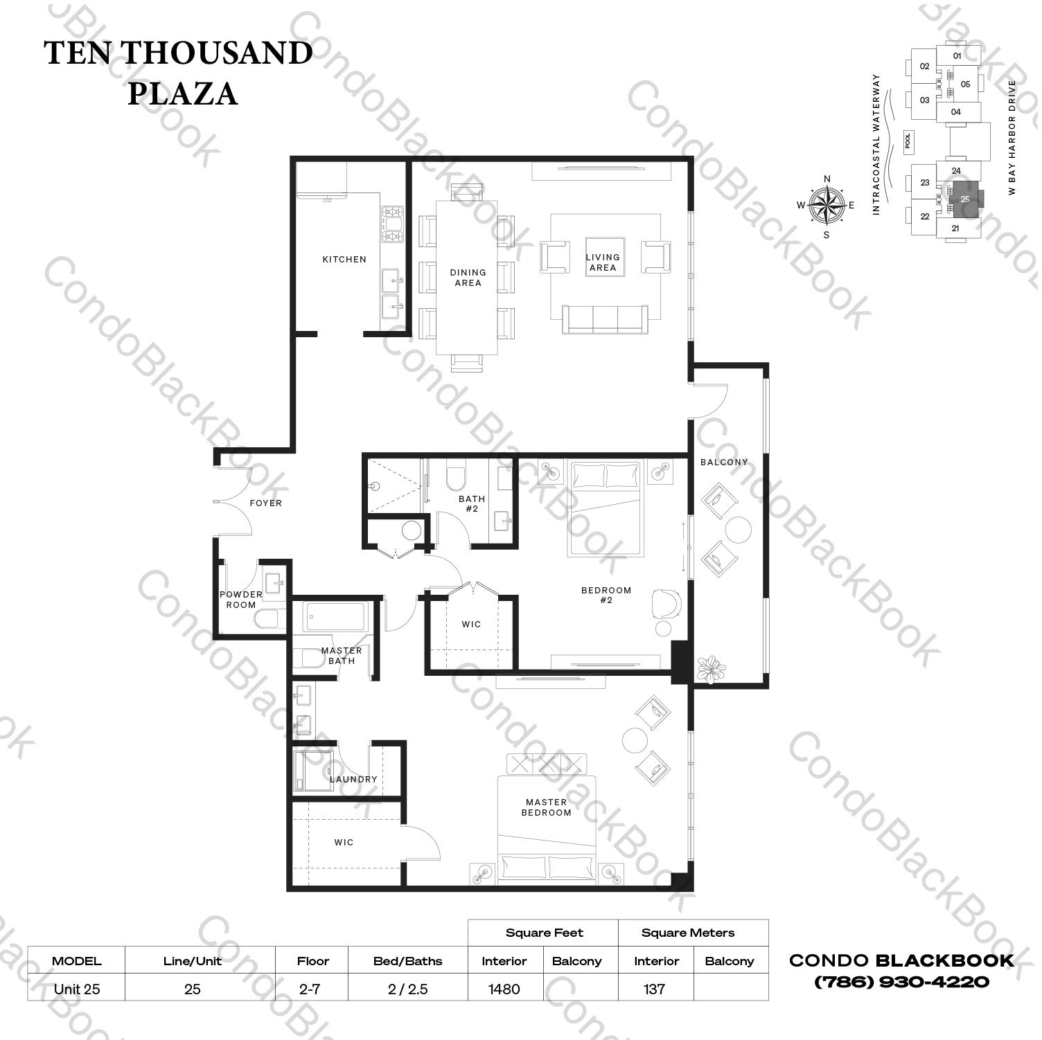 Floor plan for Ten Thousand Plaza Bay Harbor Islands, model Unit 25, line 25,PH25, 2 / 2.5 bedrooms, 1480 sq ft