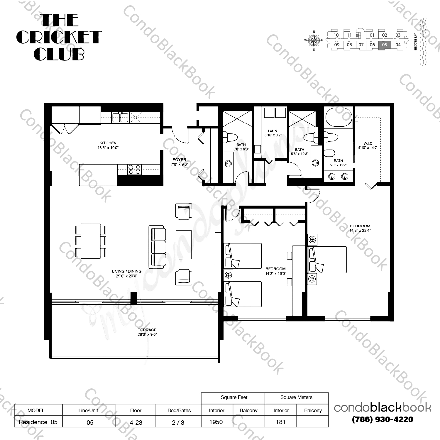Floor plan for Cricket Club Miami Biscayne Corridor North Miami, model Residence 05, line 05, 2 / 3 bedrooms, 1950 sq ft
