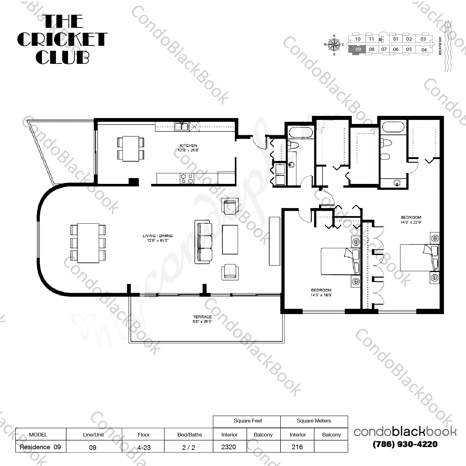 Floor plan for Cricket Club Miami Biscayne Corridor North Miami, model Residence 09, line 09, 2 / 2 bedrooms, 2320 sq ft