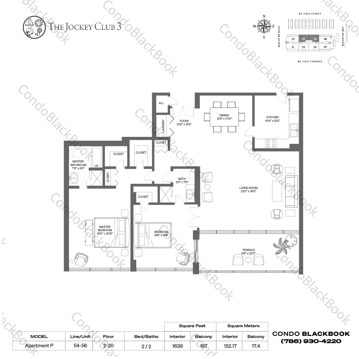 Floor plan for Jockey Club III Biscayne Corridor North Miami, model Apartment P, line 54,56, 2 / 2 bedrooms, 1638 sq ft