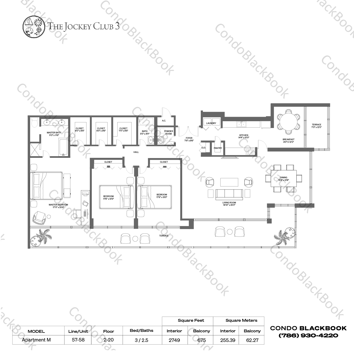 Floor plan for Jockey Club III Biscayne Corridor North Miami, model Apartment M, line 57,58, 3 / 2.5 bedrooms, 2749 sq ft
