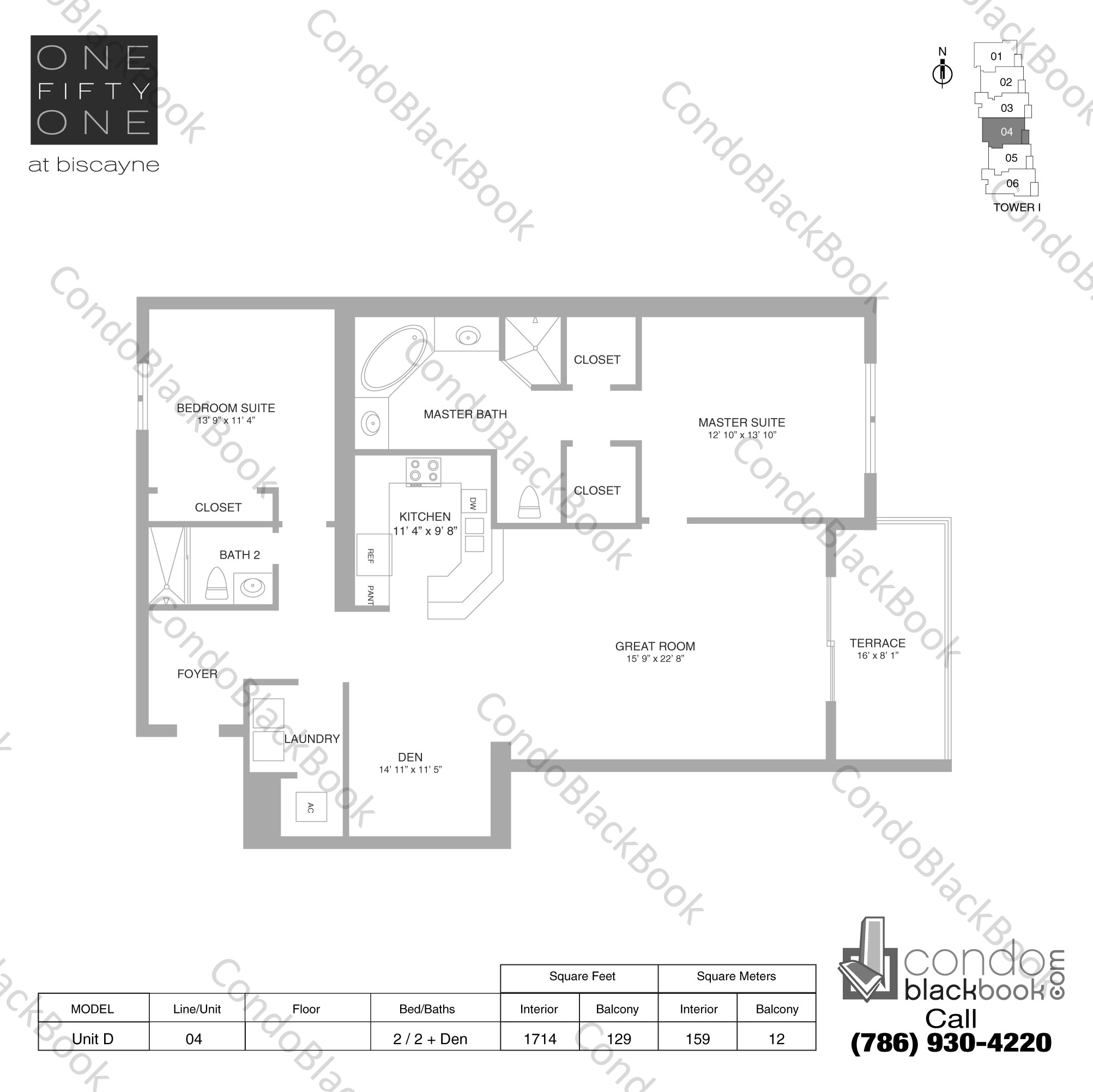 Floor plan for One Fifty One At Biscayne Biscayne Corridor North Miami, model Unit D, line 04, 2 / 2 + Den bedrooms, 1714 sq ft