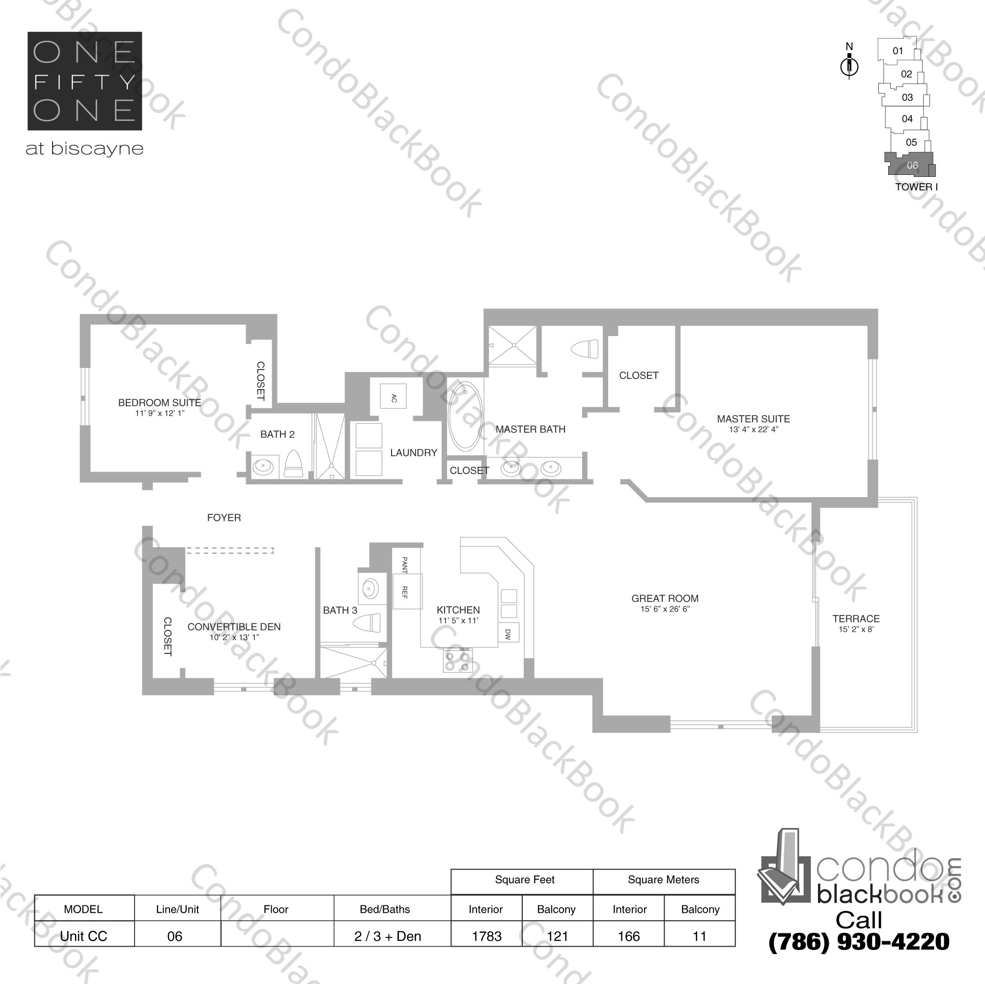 Floor plan for One Fifty One At Biscayne Biscayne Corridor North Miami, model Unit CC, line 06, 2 / 3 + Den bedrooms, 1783 sq ft