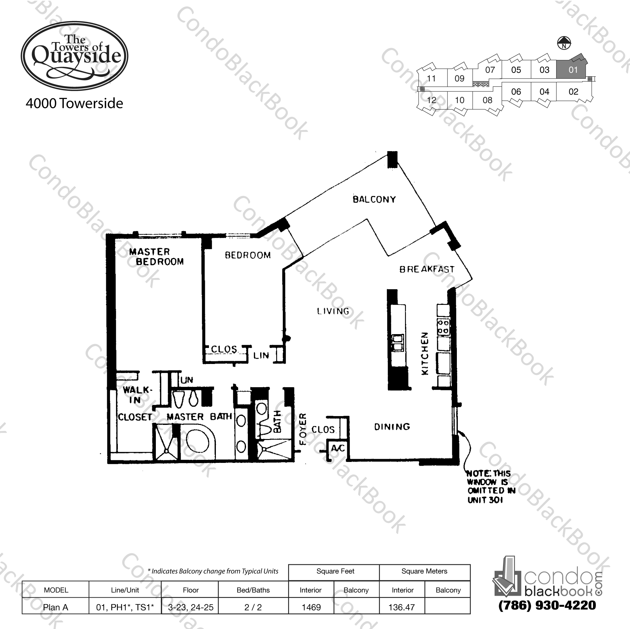 Floor plan for Towers of Quayside Condo #4 Biscayne Corridor North Miami, model Plan A, line 01, PH1, TS1, 2 / 2 bedrooms, 1469 sq ft