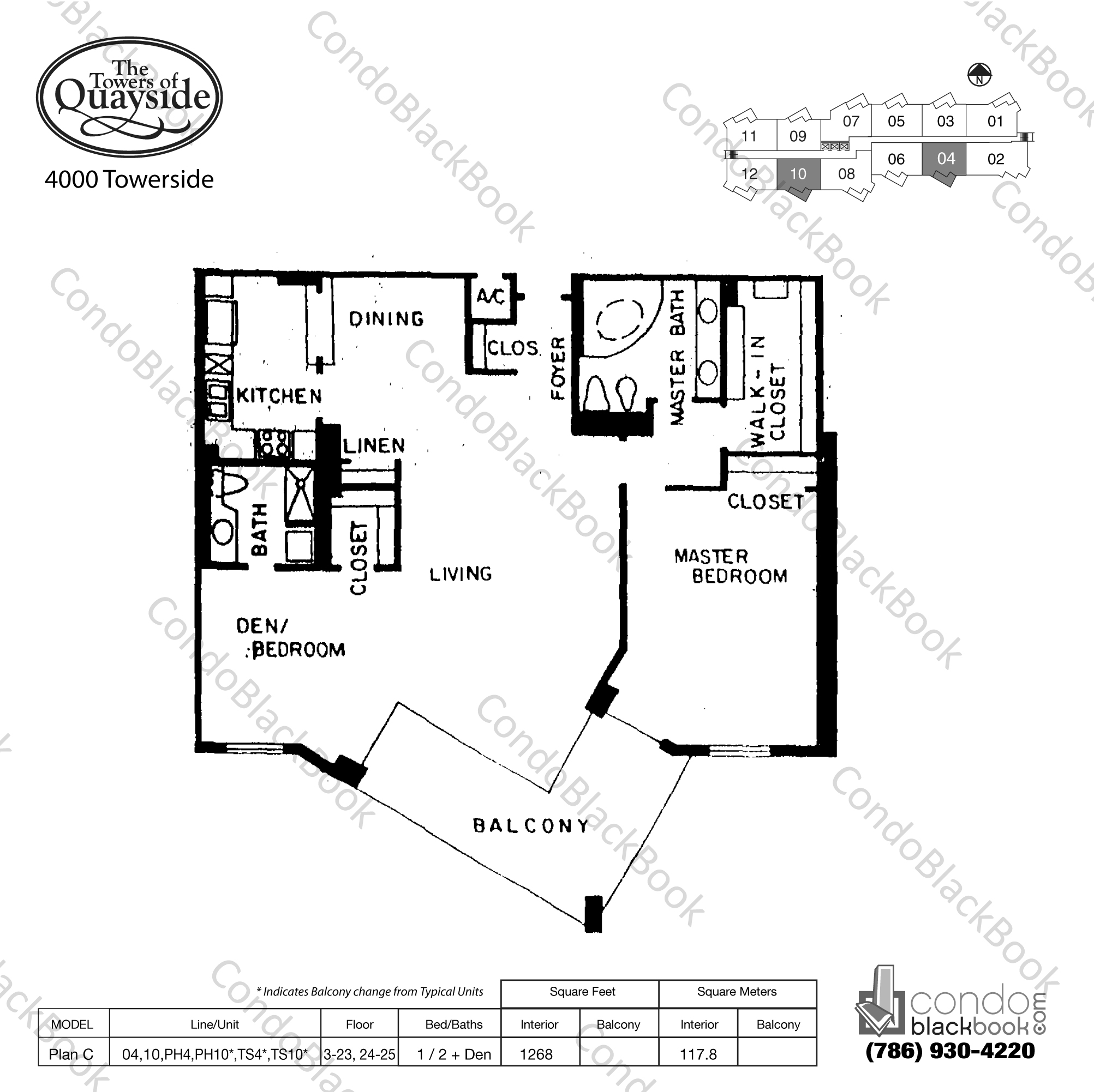 Floor plan for Towers of Quayside Condo #4 Biscayne Corridor North Miami, model Plan C, line 04,10, PH4,PH10*,TS4*,TS10*, 1 / 2 + Den bedrooms, 1268 sq ft