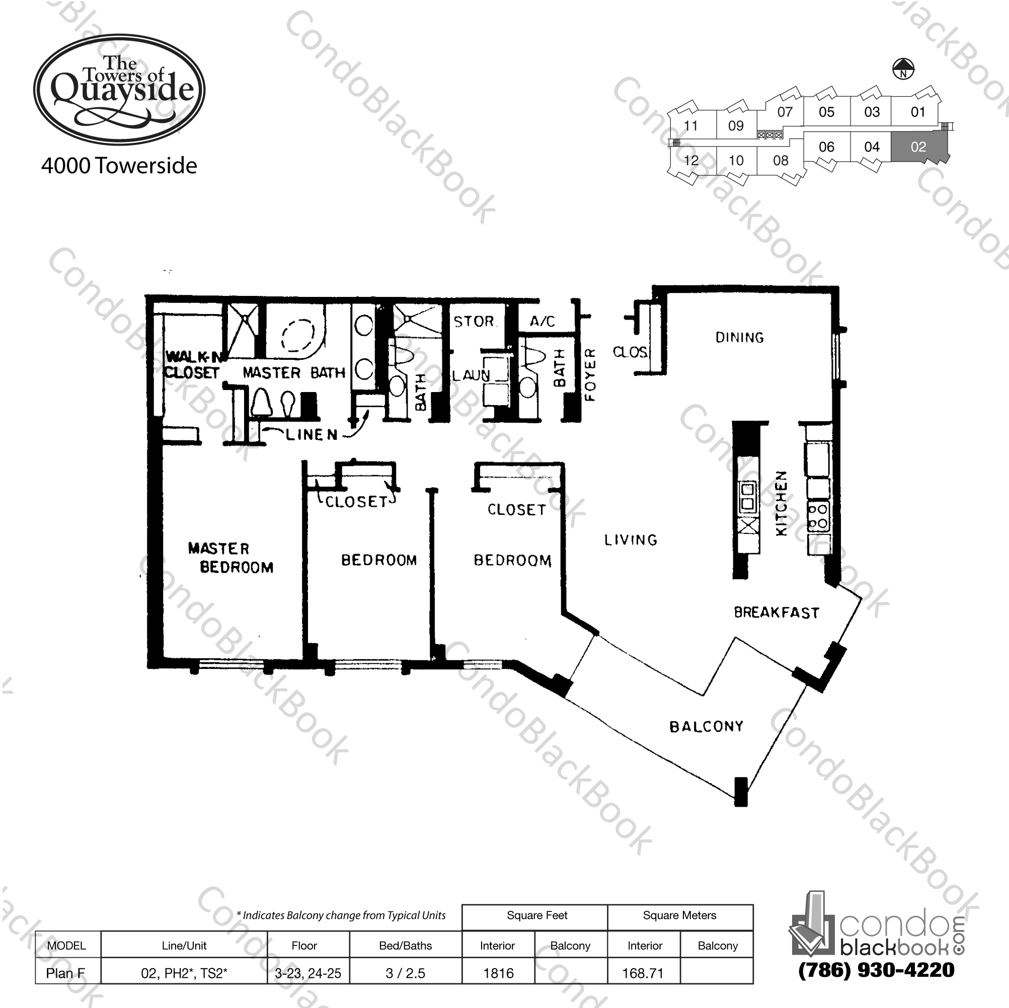 Floor plan for Towers of Quayside Condo #4 Biscayne Corridor North Miami, model Plan F, line 02, PH2, TS2, 3 / 2.5 bedrooms, 1816 sq ft