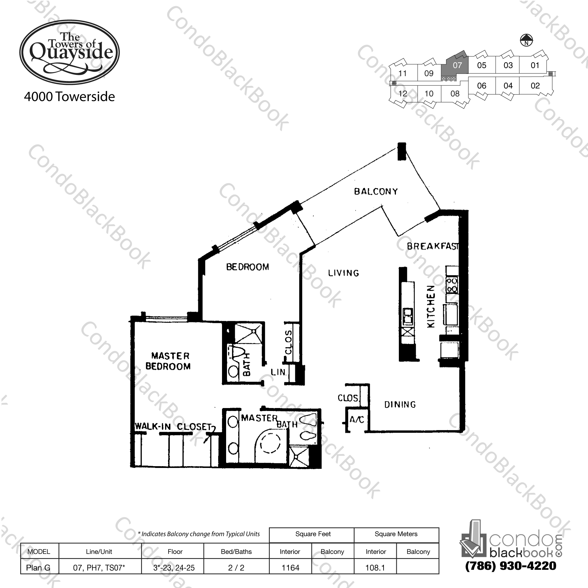 Floor plan for Towers of Quayside Condo #4 Biscayne Corridor North Miami, model Plan G, line 07, PH7, TS7, 2 / 2 bedrooms, 1164 sq ft