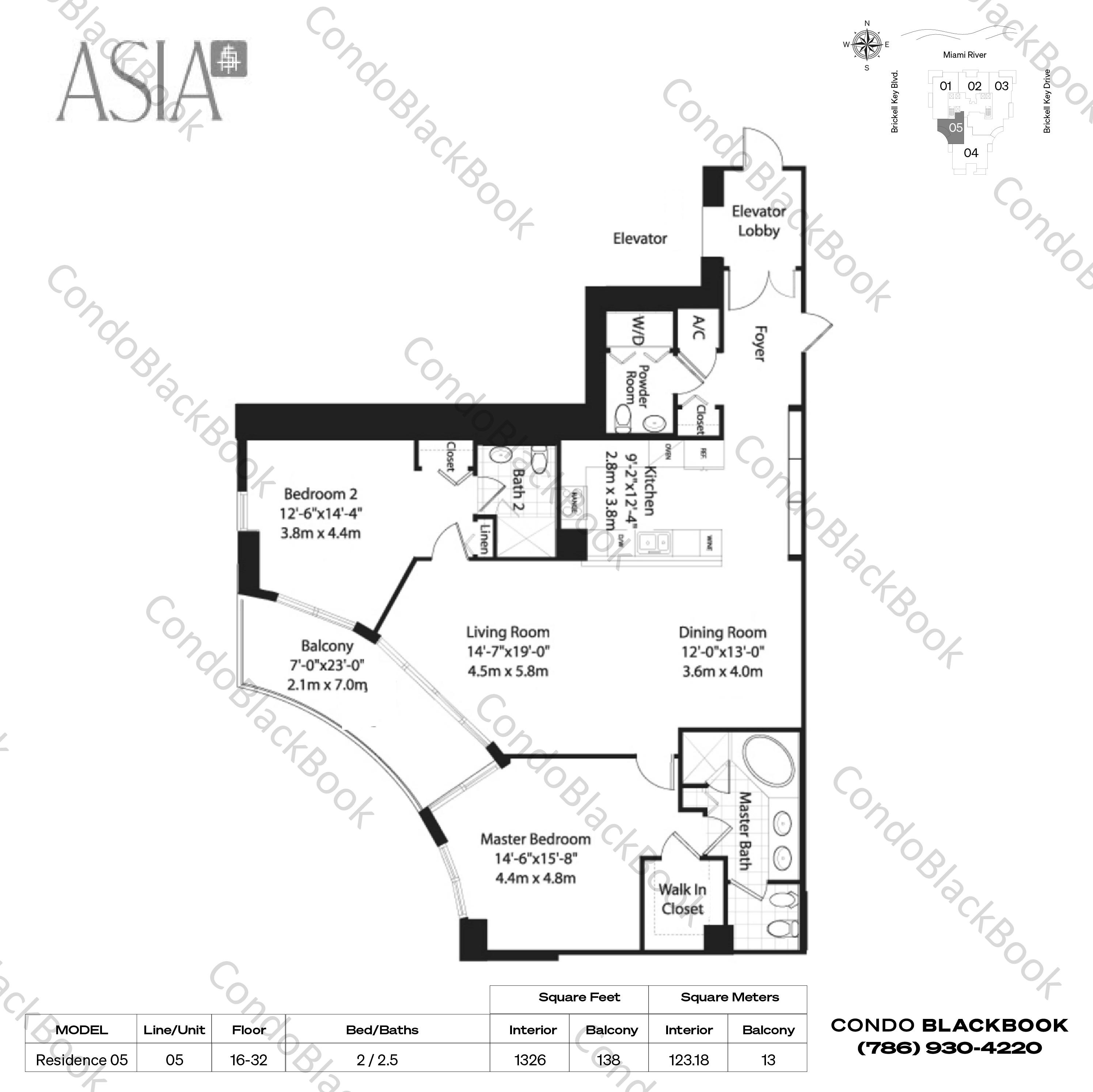 Floor plan for Asia Brickell Key Miami, model Residence 05, line 05, 2 / 2.5 bedrooms, 1326 sq ft