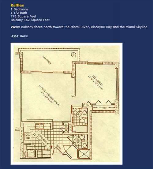Floor plan for Courvoisier Courts Brickell Key Miami, model Raffles, line Line 08, 1/1.5 +Balcony bedrooms, 778 sq ft