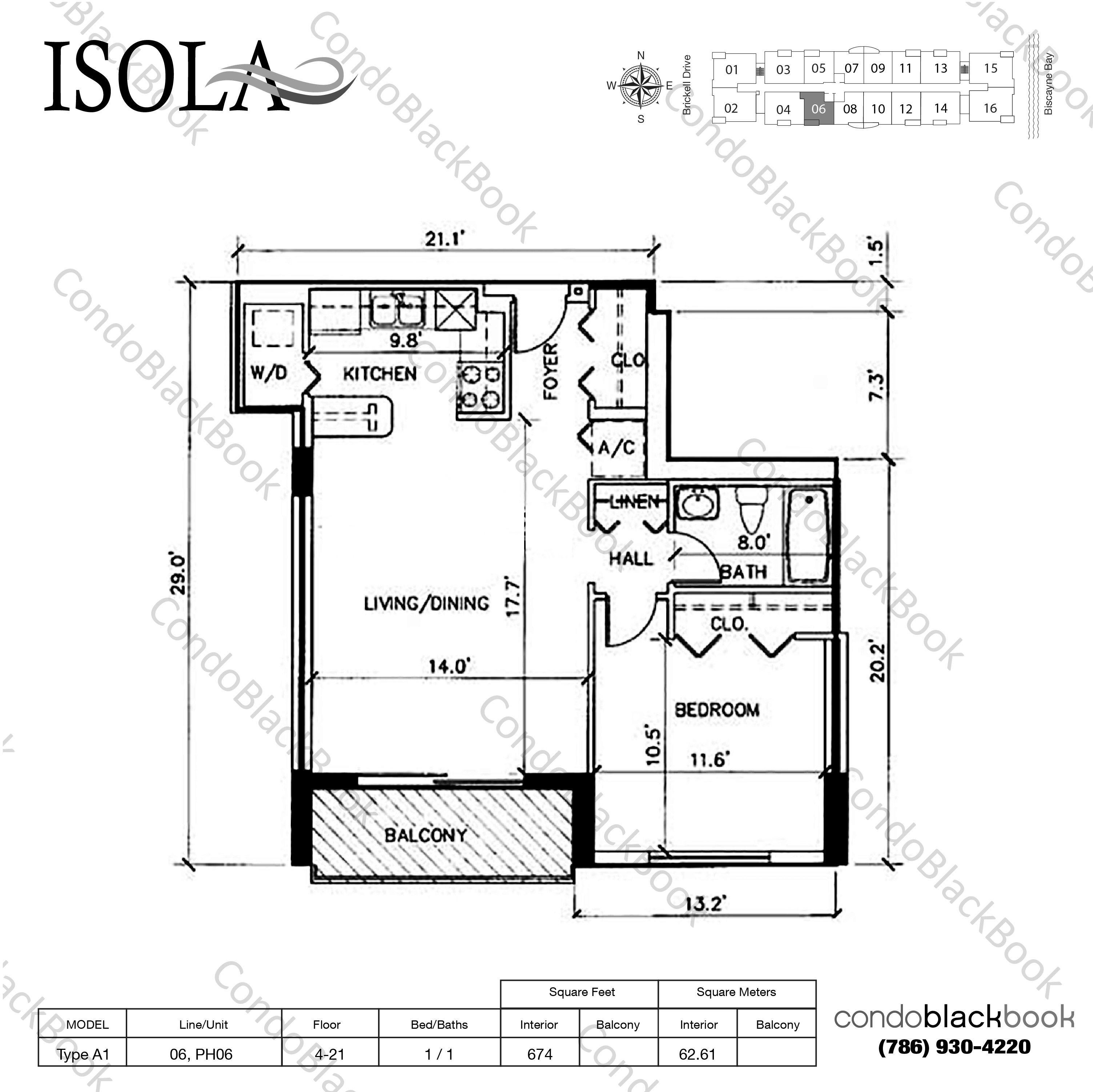 Floor plan for Isola Brickell Key Miami, model Type A1, line 06, PH06, 1 / 1 bedrooms, 674 sq ft