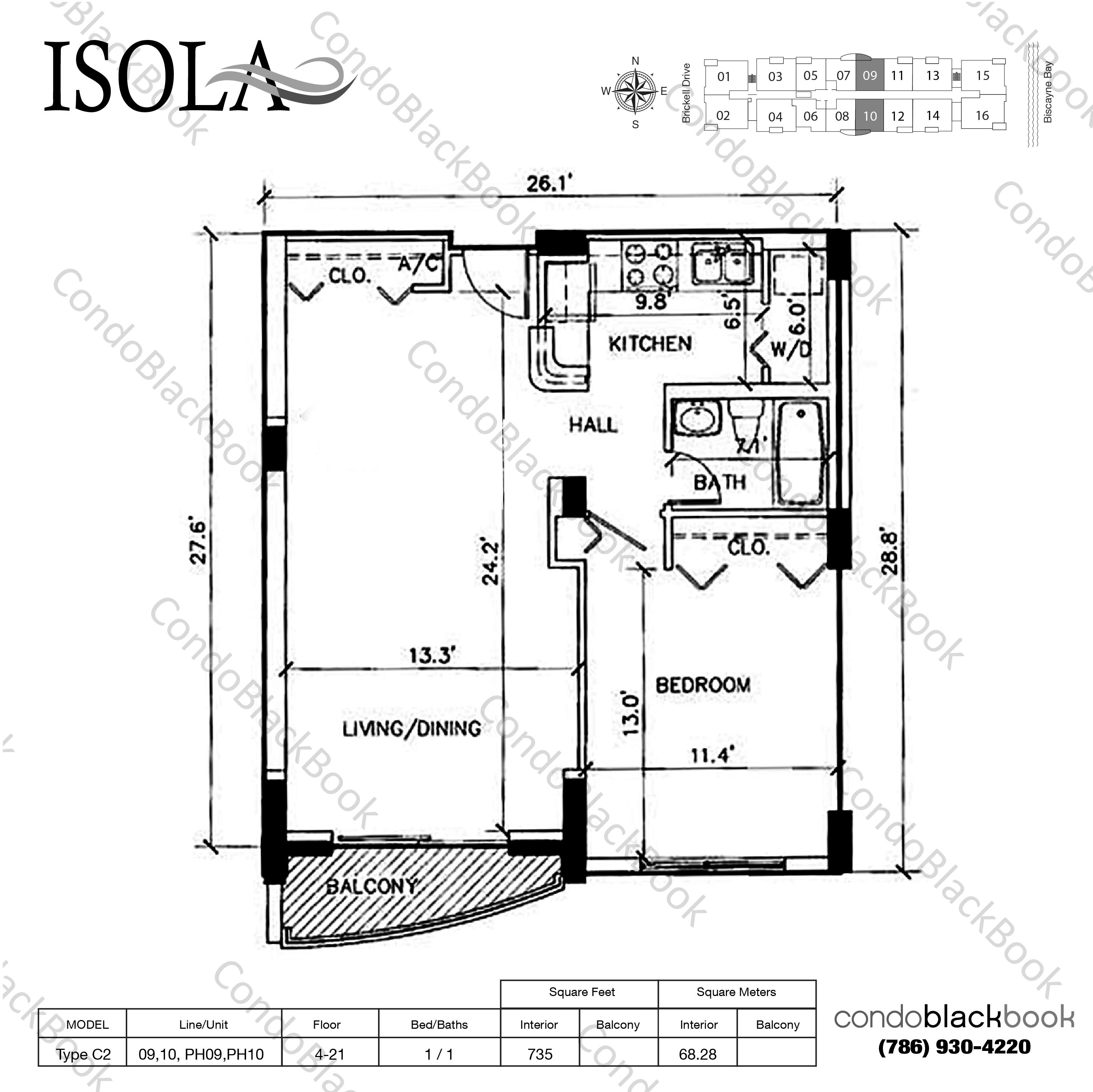 Floor plan for Isola Brickell Key Miami, model Type C2, line 09,10, PH09,PH10, 1 / 1 bedrooms, 735 sq ft