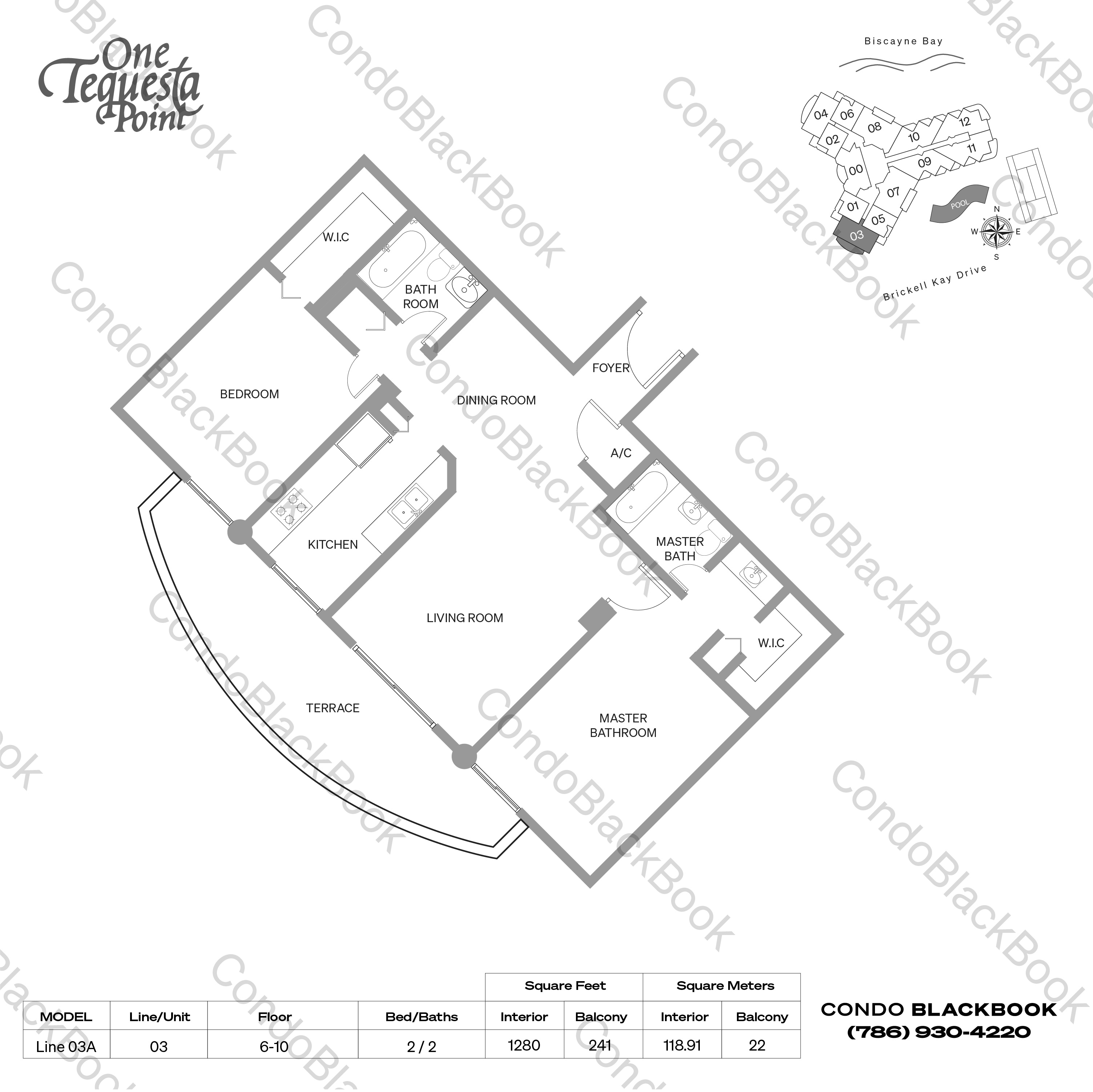 Floor plan for One Tequesta Point Brickell Key Miami, model Line 03A, line 03, 2 / 2 bedrooms, 1280 sq ft