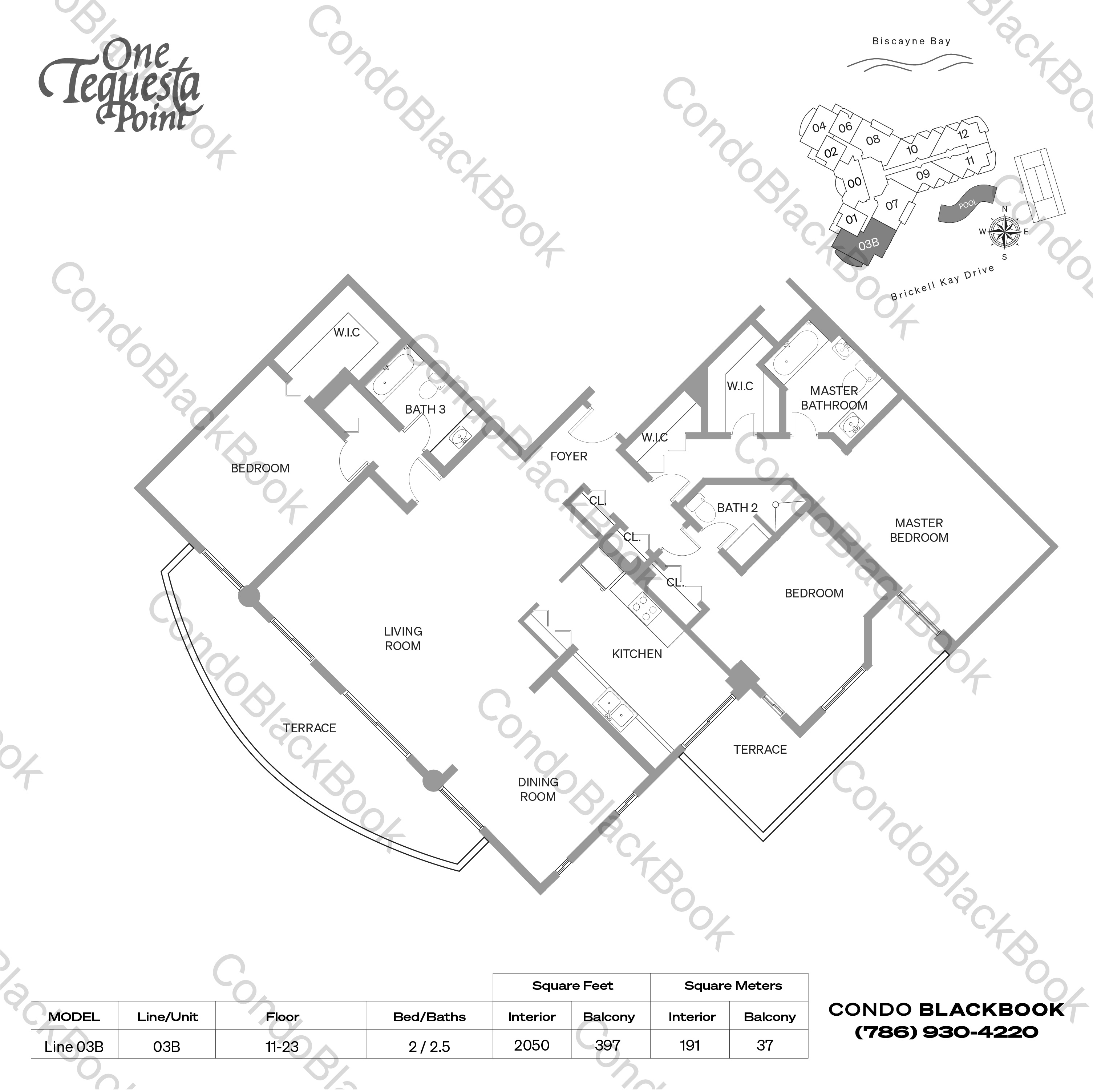 Floor plan for One Tequesta Point Brickell Key Miami, model Line 03B, line 03, 2 / 2.5 bedrooms, 2050 sq ft