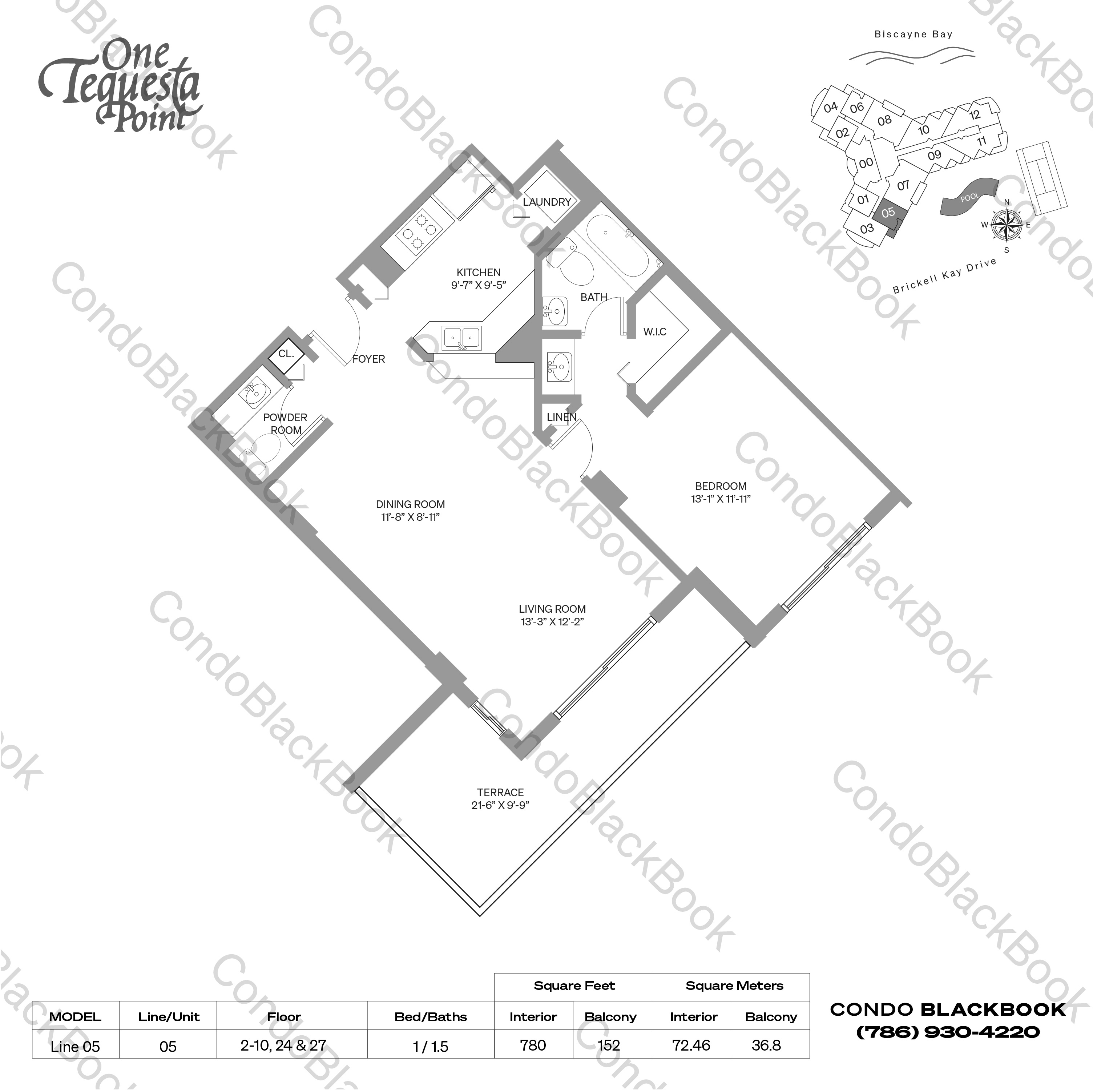 Floor plan for One Tequesta Point Brickell Key Miami, model Line 05, line 05, 1 / 1.5 bedrooms, 780 sq ft