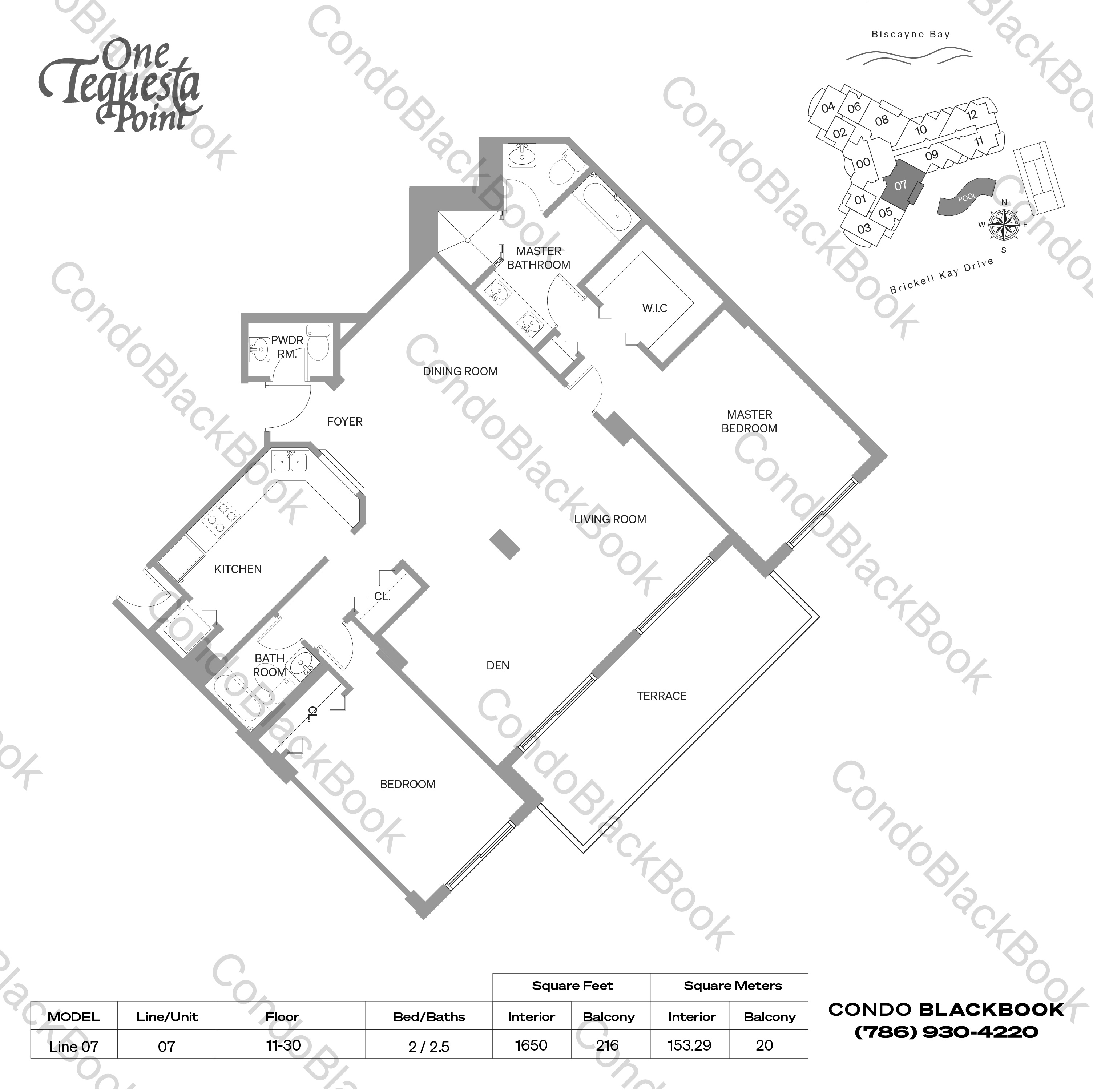 Floor plan for One Tequesta Point Brickell Key Miami, model Line 07, line 07, 2 / 2.5 bedrooms, 1650 sq ft