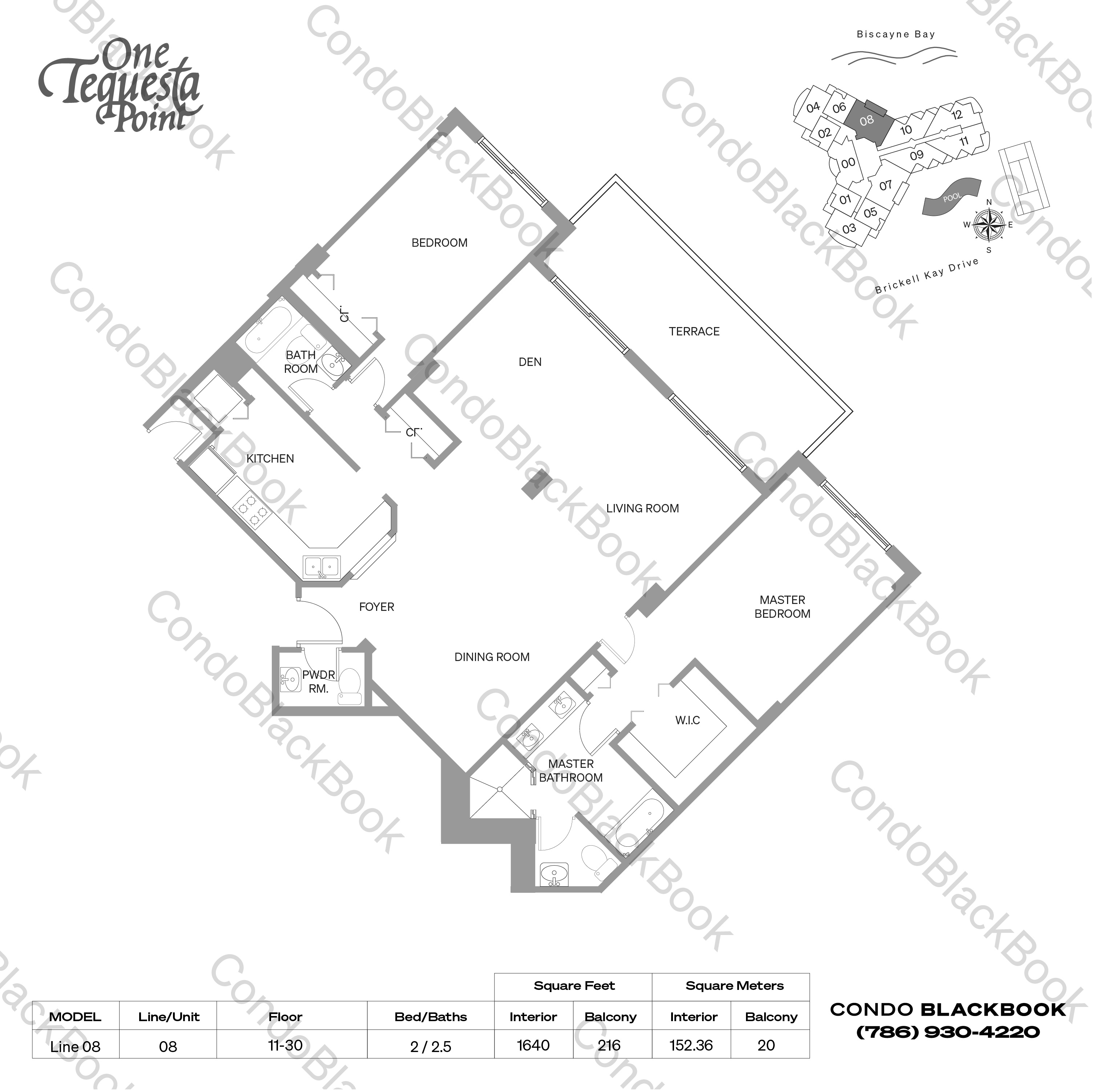 Floor plan for One Tequesta Point Brickell Key Miami, model Line 08, line 08, 2 / 2.5 bedrooms, 1640 sq ft