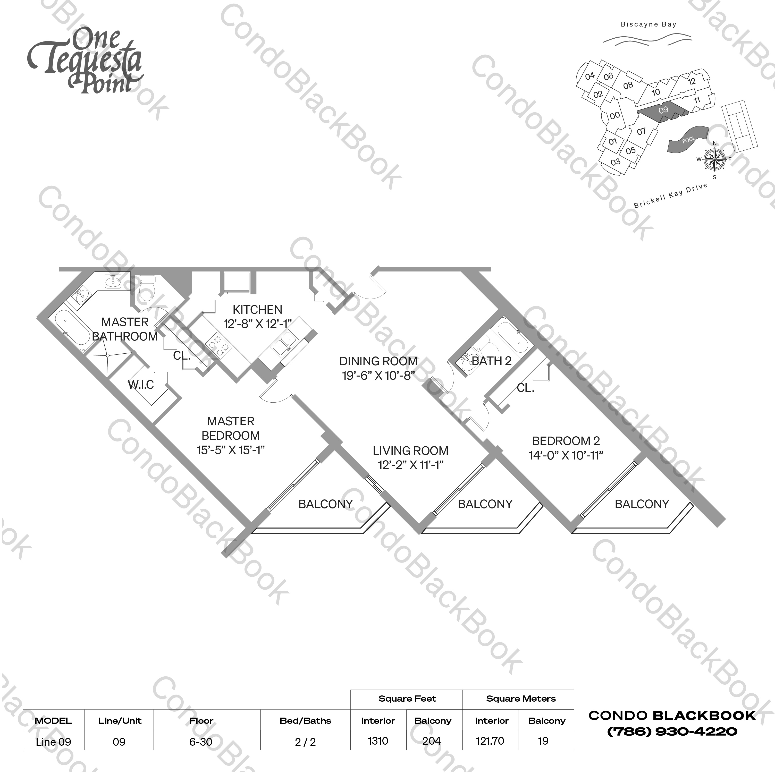 Floor plan for One Tequesta Point Brickell Key Miami, model Line 09, line 09, 2 / 2 bedrooms, 1310 sq ft