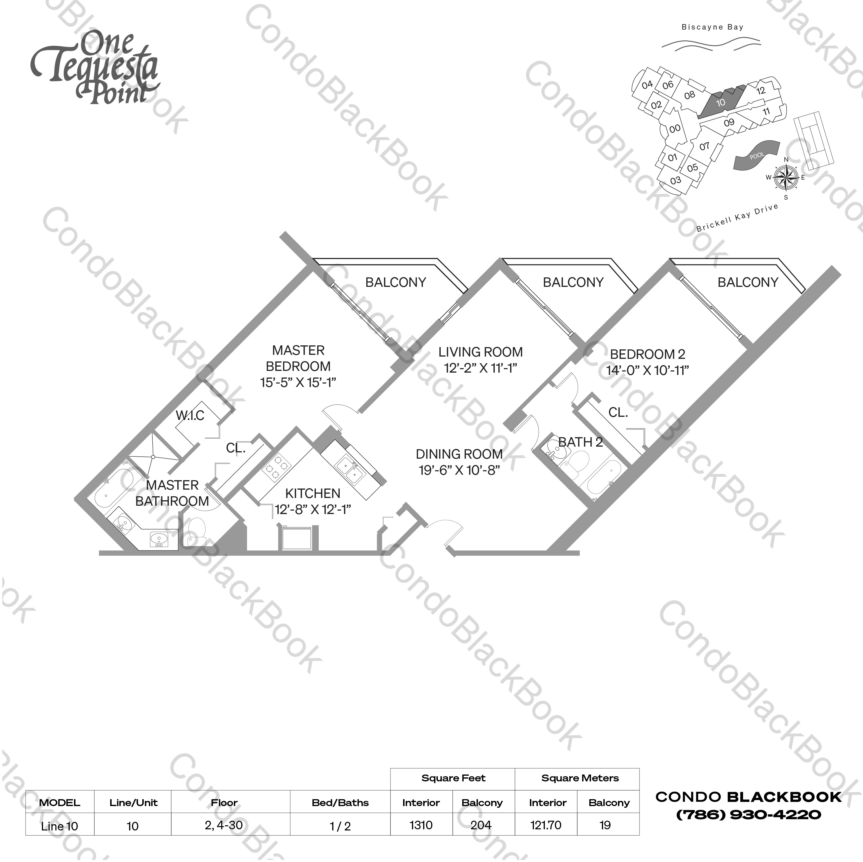 Floor plan for One Tequesta Point Brickell Key Miami, model Line 10, line 10, 1 / 2 bedrooms, 1310 sq ft