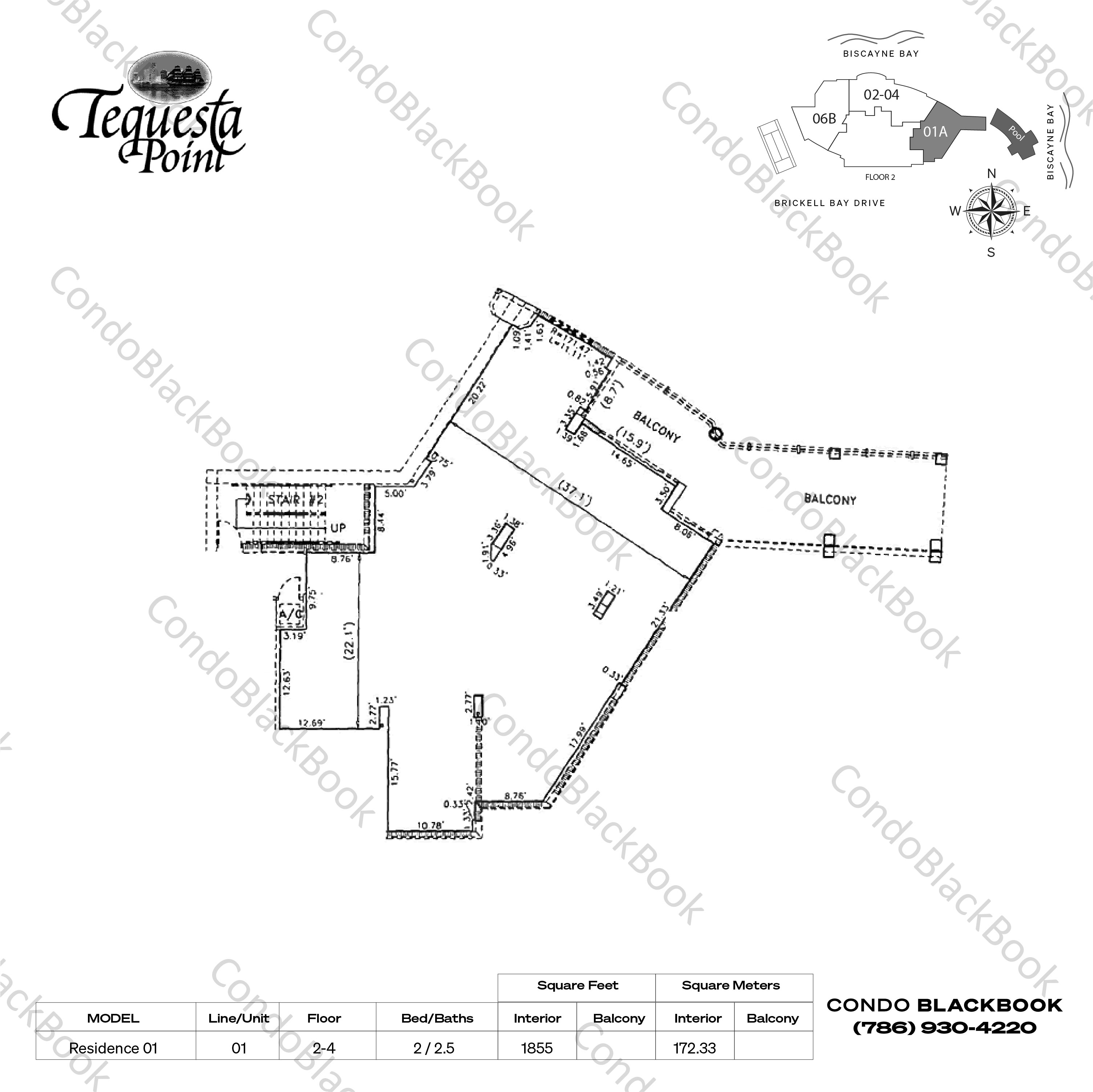 Floor plan for Three Tequesta Point Brickell Key Miami, model Residence 01, line 01, 2 / 2.5 bedrooms, 1855 sq ft