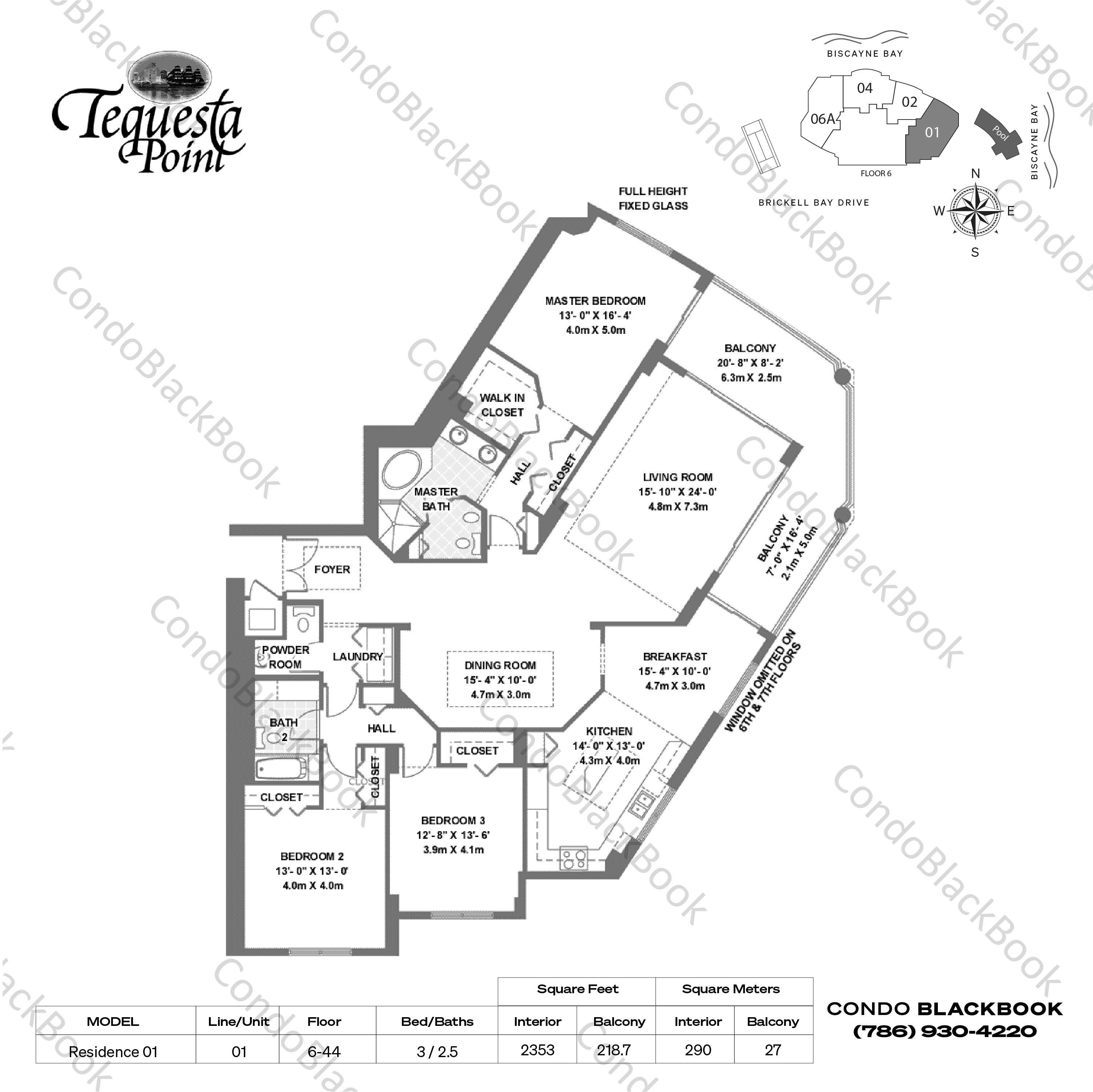 Floor plan for Three Tequesta Point Brickell Key Miami, model Residence 01, line 01, 3 / 2.5 bedrooms, 2353 sq ft