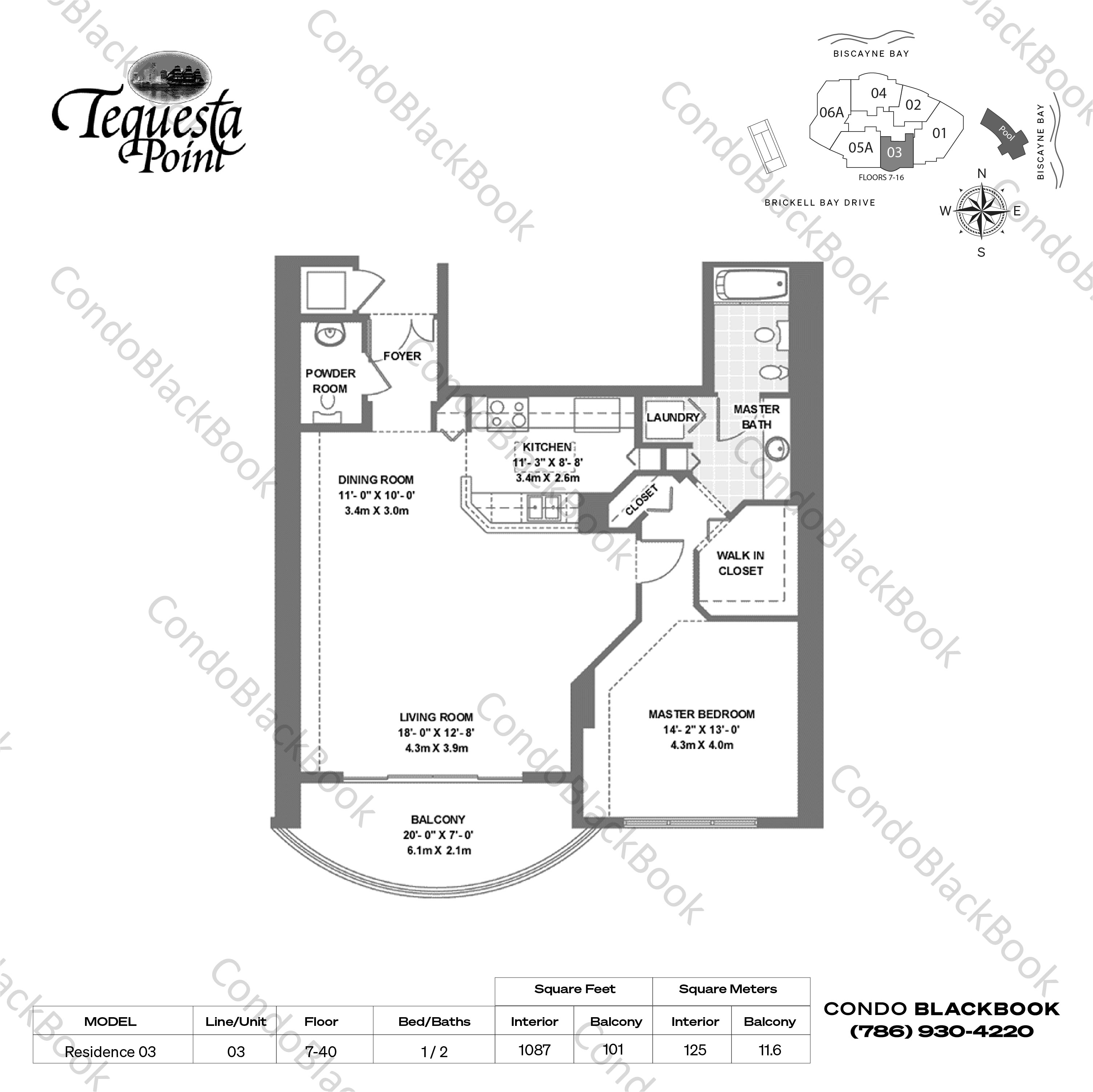 Floor plan for Three Tequesta Point Brickell Key Miami, model Residence 03, line 03, 1 / 1.5 bedrooms, 1087 sq ft