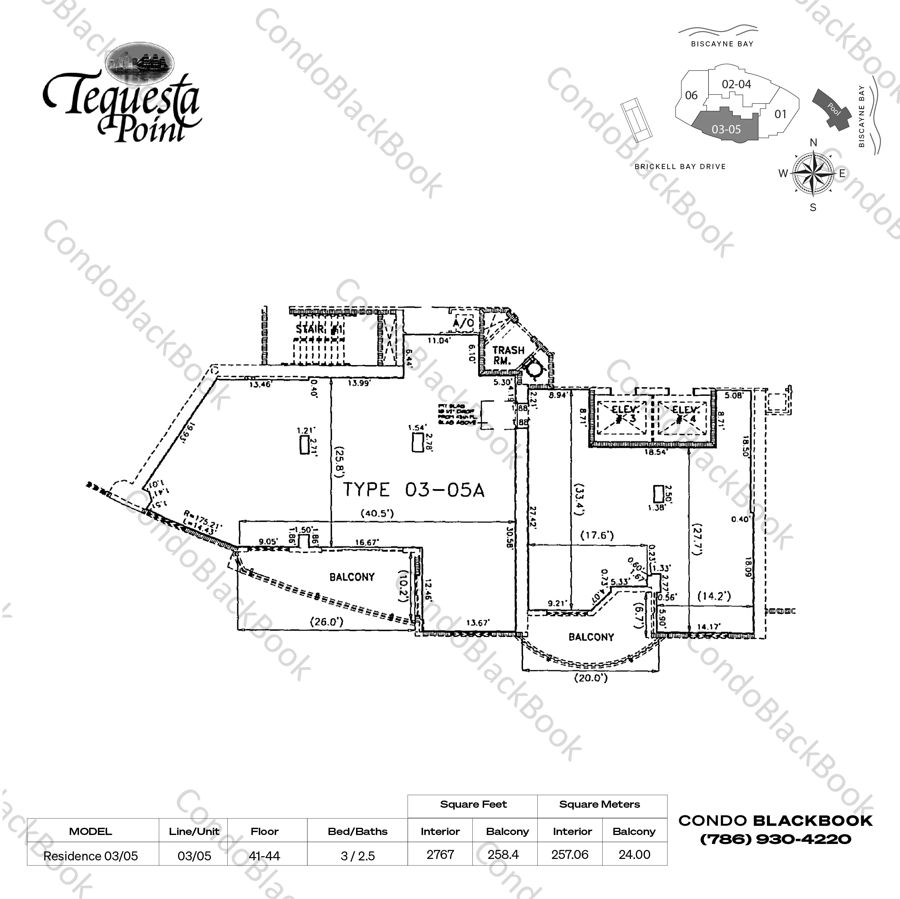 Floor plan for Three Tequesta Point Brickell Key Miami, model Residence 0305, line 03/05, 3 / 2.5 bedrooms, 2767 sq ft