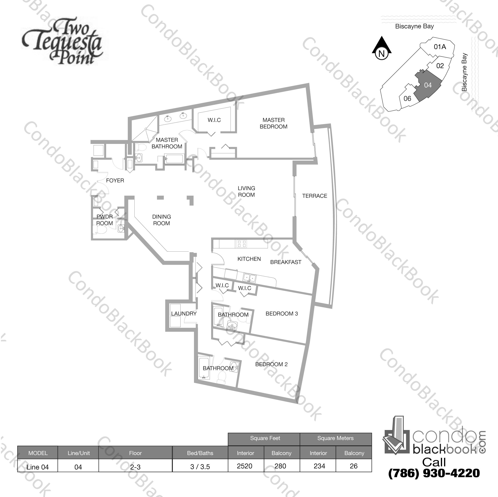 Floor plan for Two Tequesta Point Brickell Key Miami, model Line 04, line 04, 3 / 3.5 bedrooms, 2520 sq ft