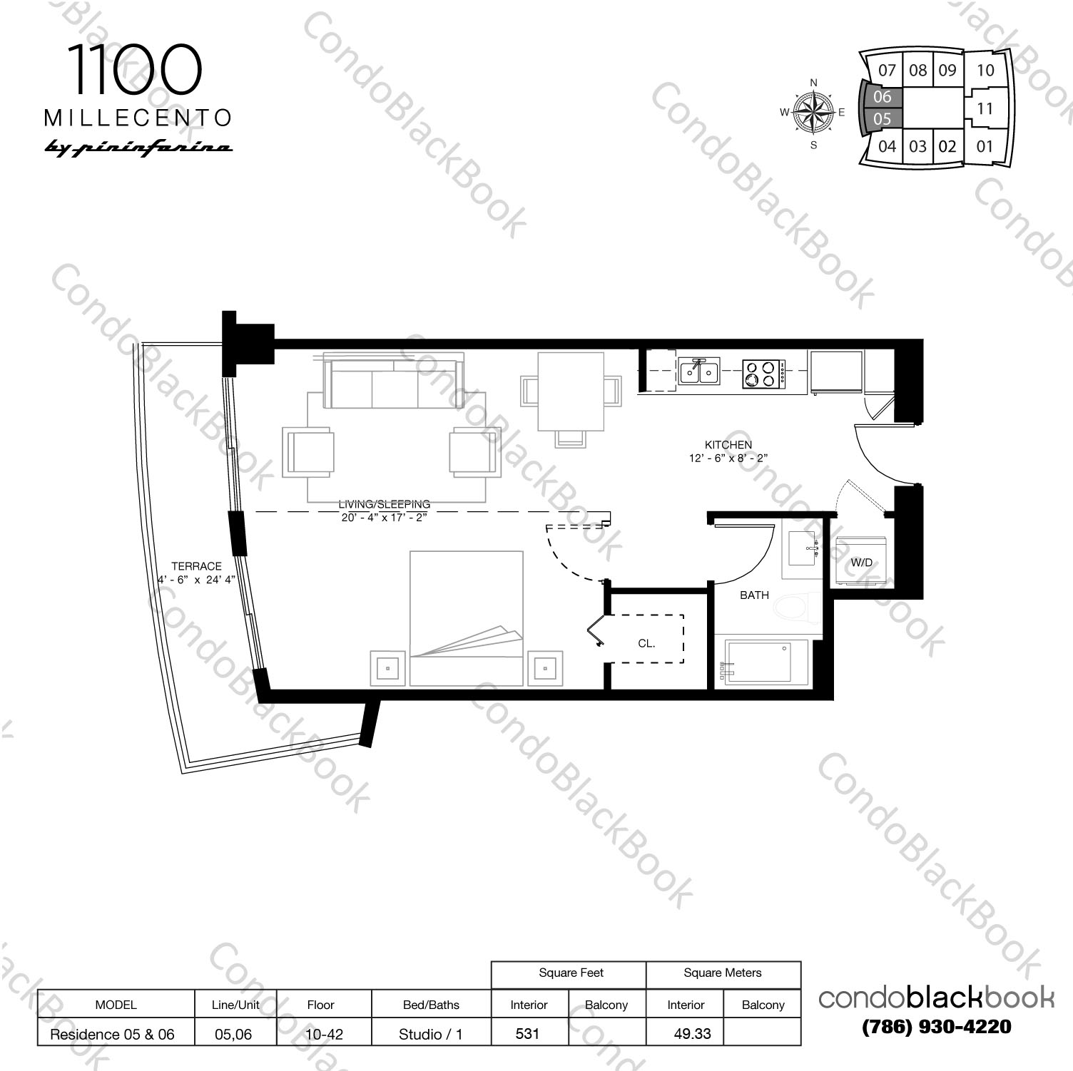 Floor plan for 1100 Millecento Brickell Miami, model Residence 05 & 06, line 05,06, Studio / 1 bedrooms, 531 sq ft