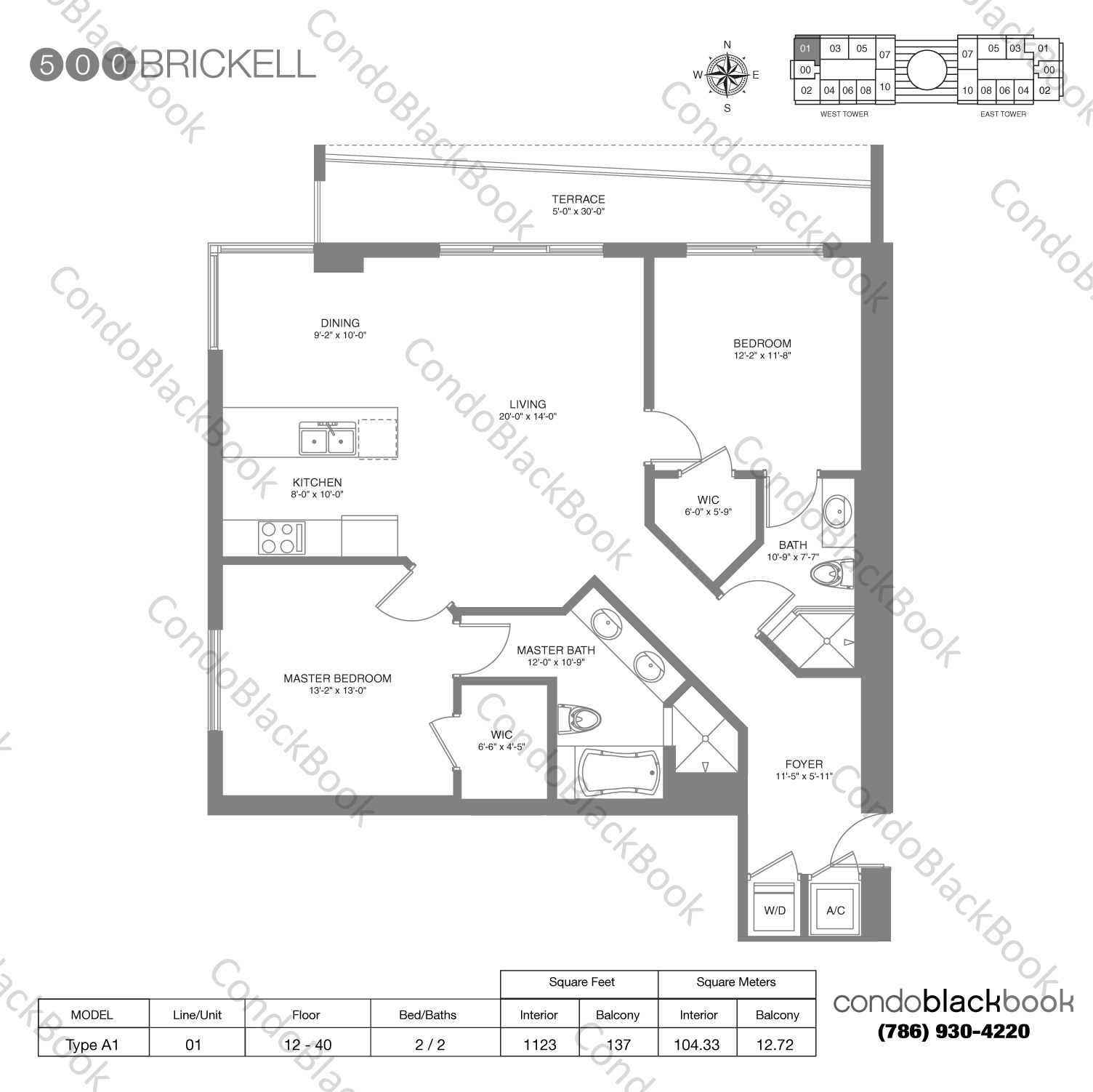 Floor plan for 500 Brickell Brickell Miami, model Type A1, line 01, 2 / 2 bedrooms, 1123 sq ft