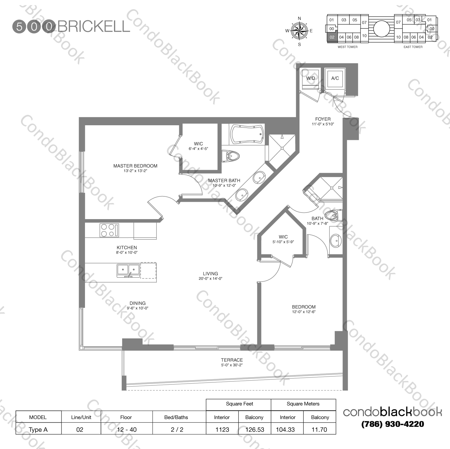 Floor plan for 500 Brickell Brickell Miami, model Type A, line 02, 2 / 2 bedrooms, 1123 sq ft