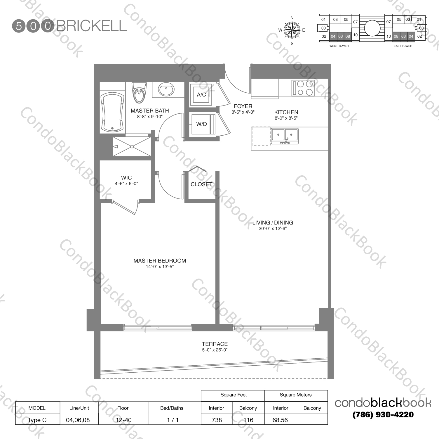 Floor plan for 500 Brickell Brickell Miami, model Type C, line 04,06,08, 1 / 1 bedrooms, 738 sq ft