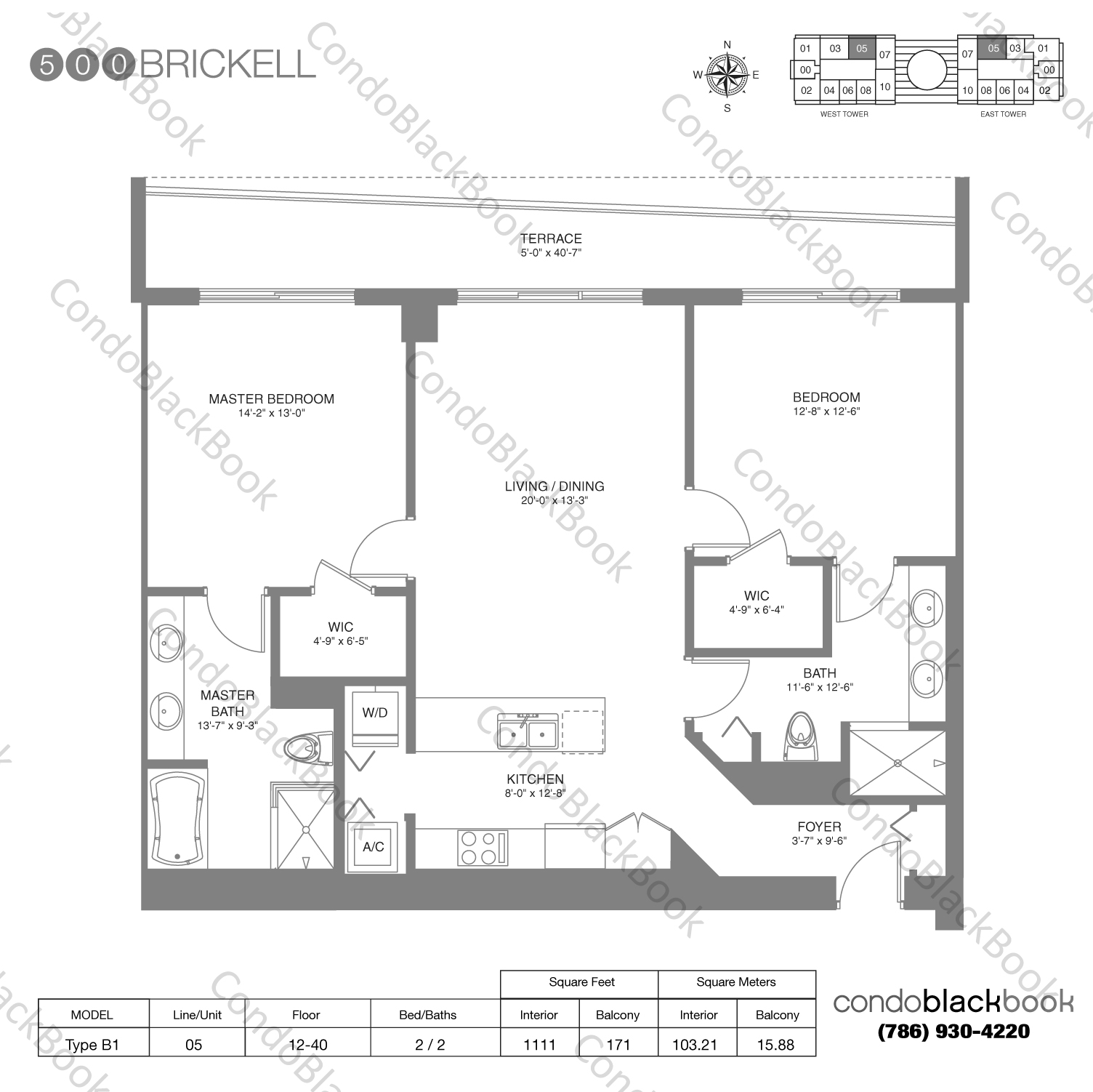 Floor plan for 500 Brickell Brickell Miami, model Type B1, line 05, 2 / 2 bedrooms, 1111 sq ft