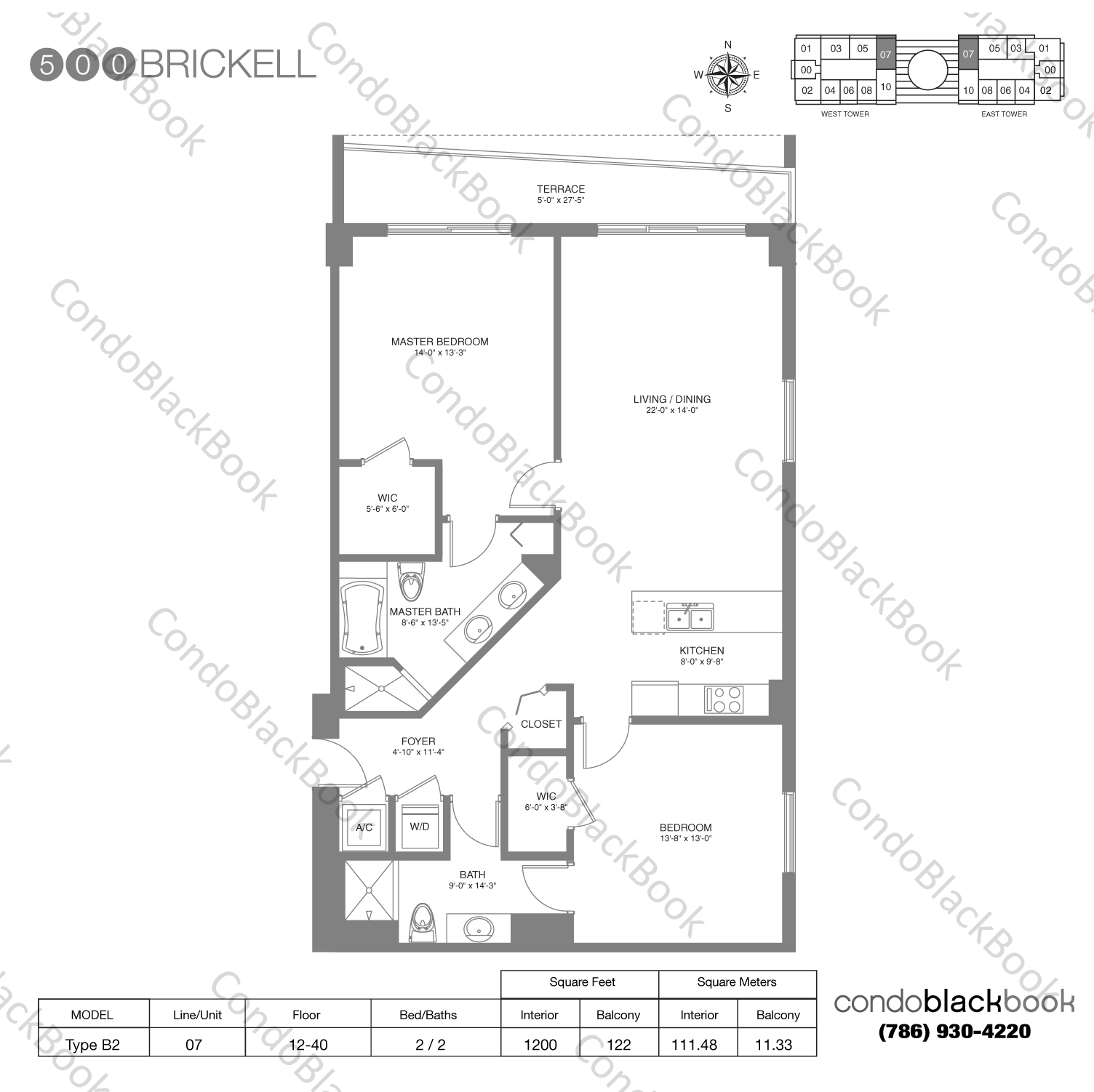 Floor plan for 500 Brickell Brickell Miami, model Type B2, line 07, 2 / 2 bedrooms, 1200 sq ft
