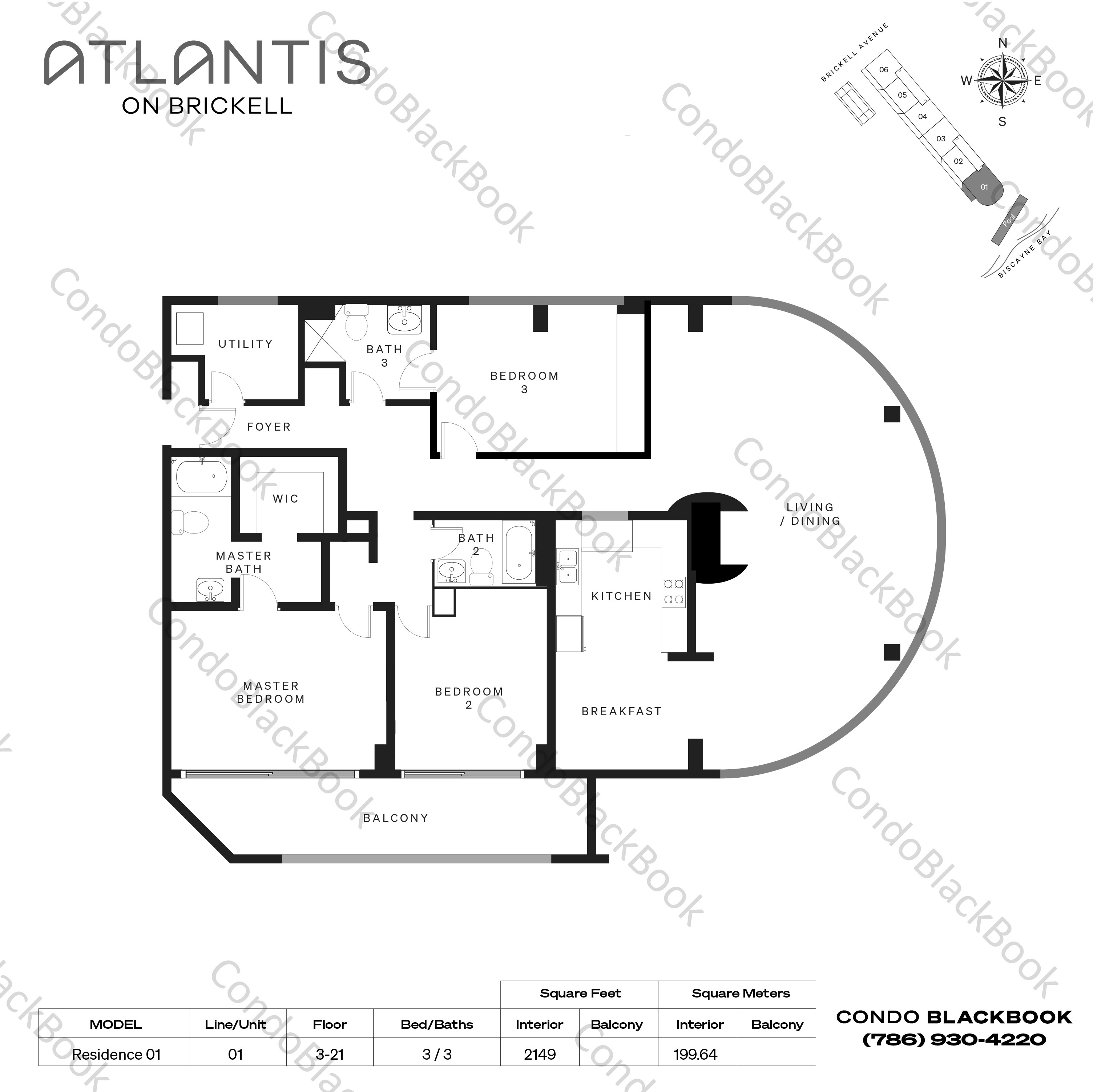 Floor plan for Atlantis on Brickell Brickell Miami, model Residence 01, line 01, 3 / 3 bedrooms, 2149 sq ft