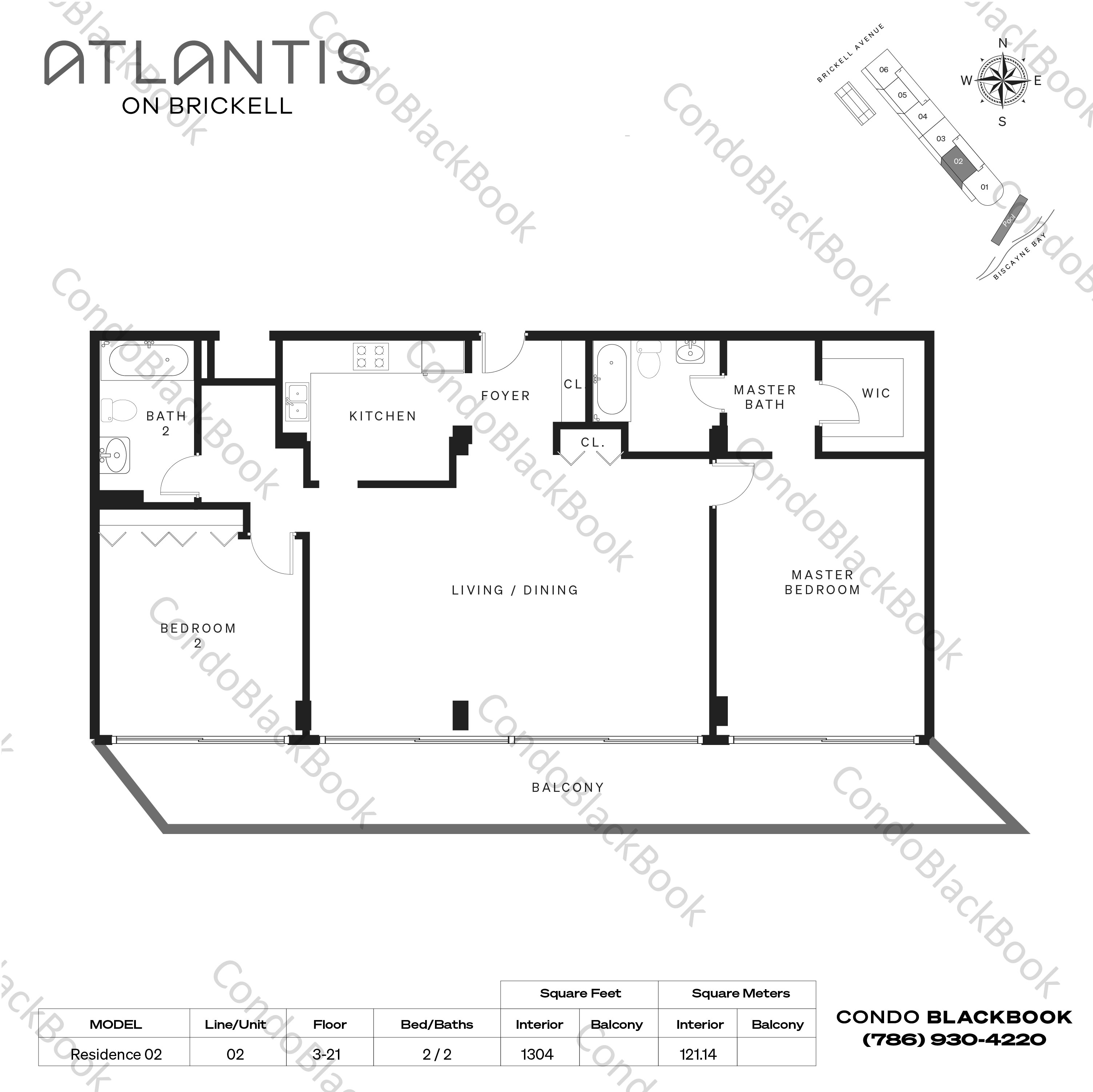 Floor plan for Atlantis on Brickell Brickell Miami, model Residence 02, line 02, 2 / 2 bedrooms, 1304 sq ft
