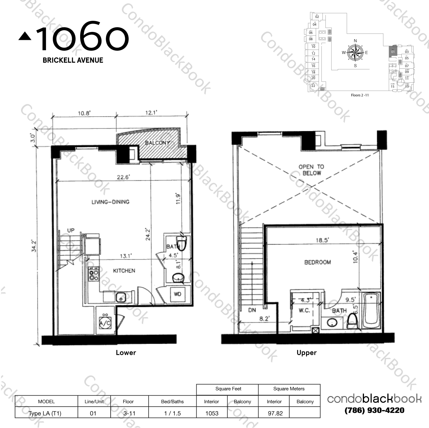Floor plan for Avenue 1060 Brickell Brickell Miami, model Type LA (T1), line 01, 1 / 1.5 bedrooms, 1053 sq ft