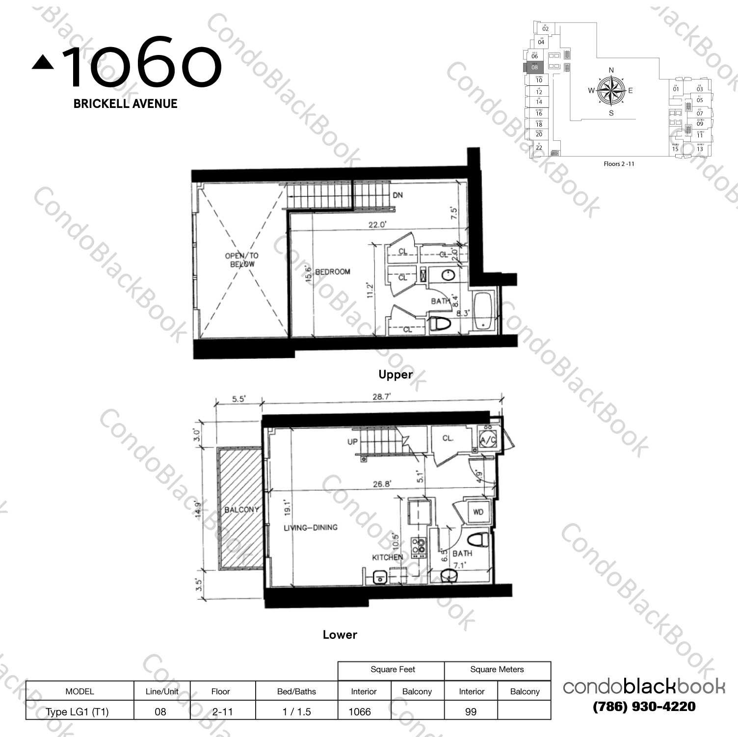 Floor plan for Avenue 1060 Brickell Brickell Miami, model Type LG1 (T1), line 08, 1 / 1.5 bedrooms, 1066 sq ft
